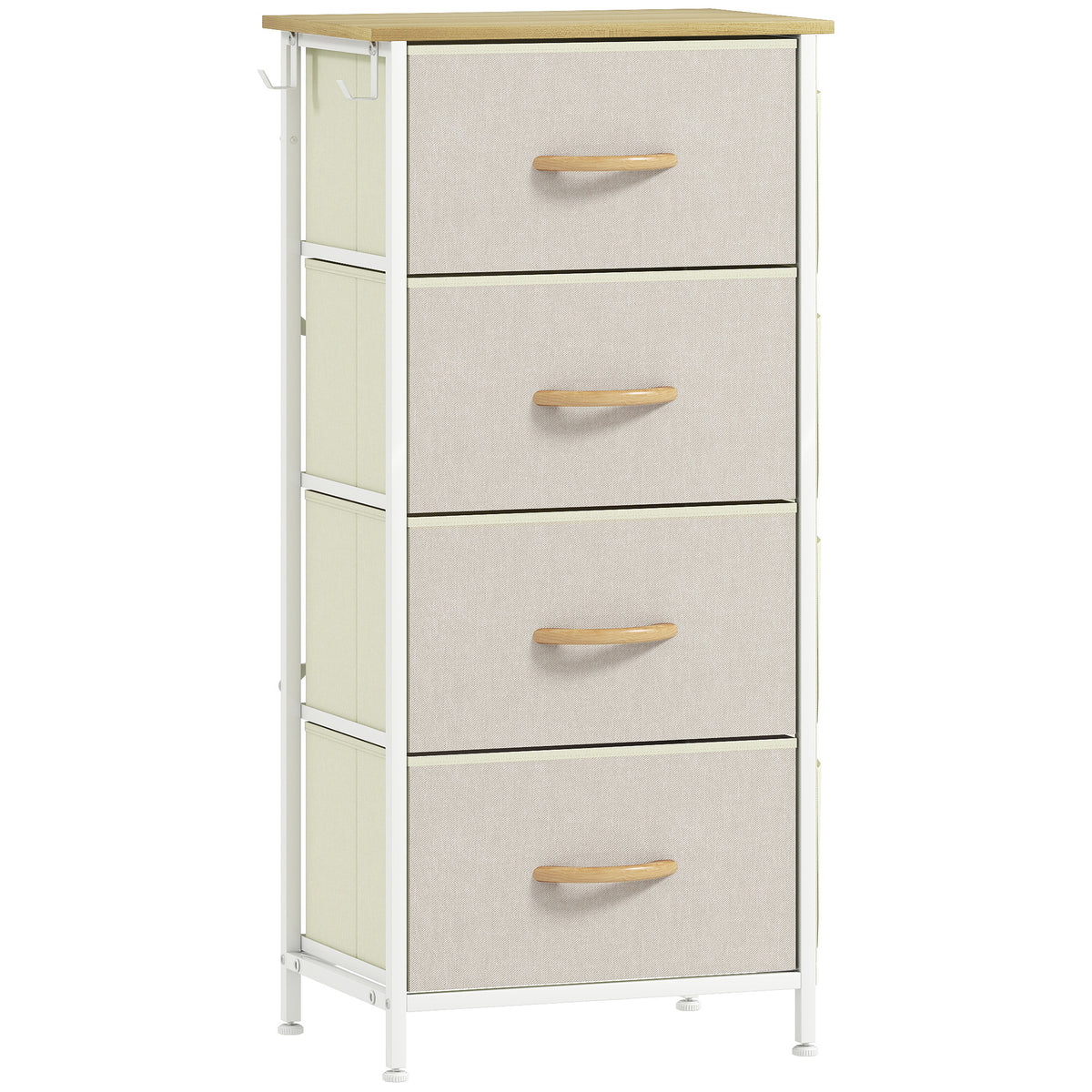 Commode 4 tiroirs en tissu, meuble de rangement avec 4 poches, 2 crochets, structure en acier, 45 x 30 x 94,5 cm, beige