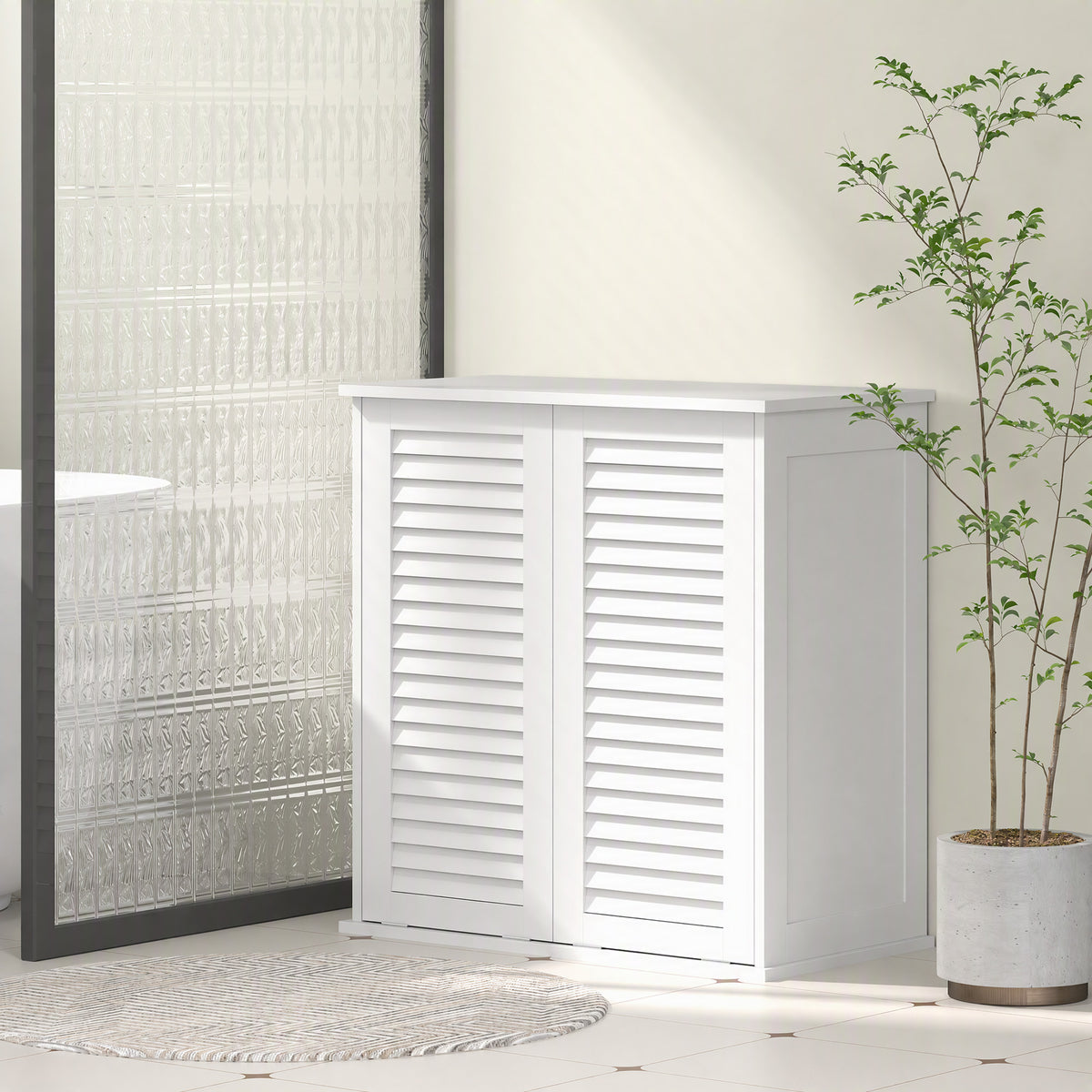 Meuble salle de bain avec panier à linge armoire salle de bain en bois portes persiennes 2 paniers 70 x 38 x 73 cm blanc