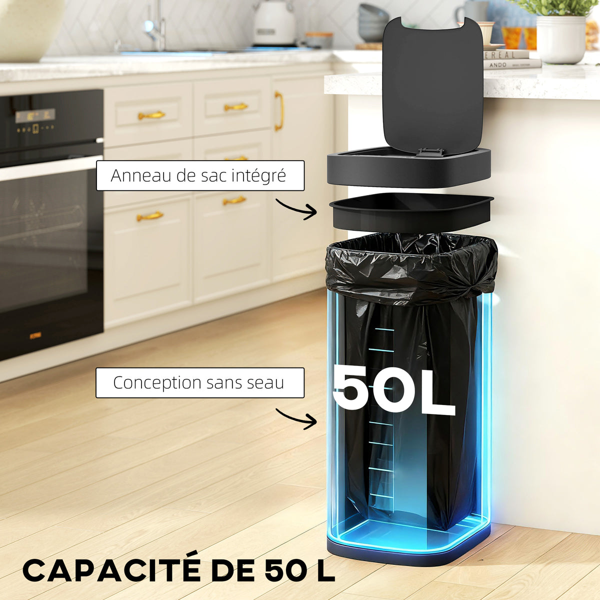 Pattumiera da cucina automatica 50L, pattumiera con sensore di movimento, a batterie, 26,5x35,5x68cm, crema