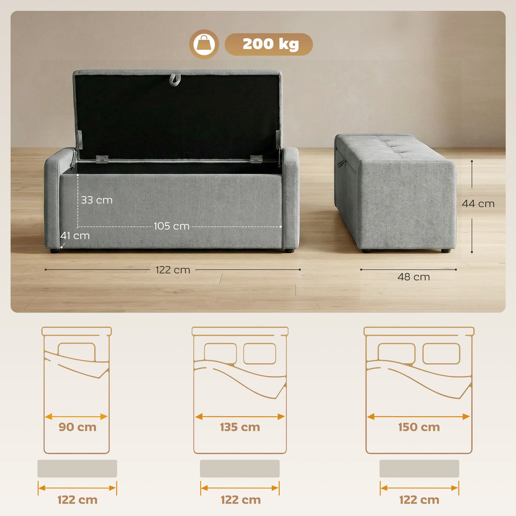 Banc de rangement, bout de lit, repose-pieds rembourré en lin avec assise large, 122 x 48 x 44 cm, gris clair