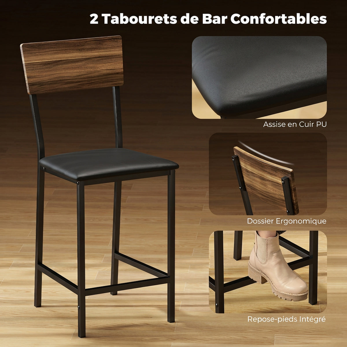 Conjunto de mesa de bar con 2 taburetes, mesa alta de cocina y 2 sillas de bar acolchadas de PU, nogal