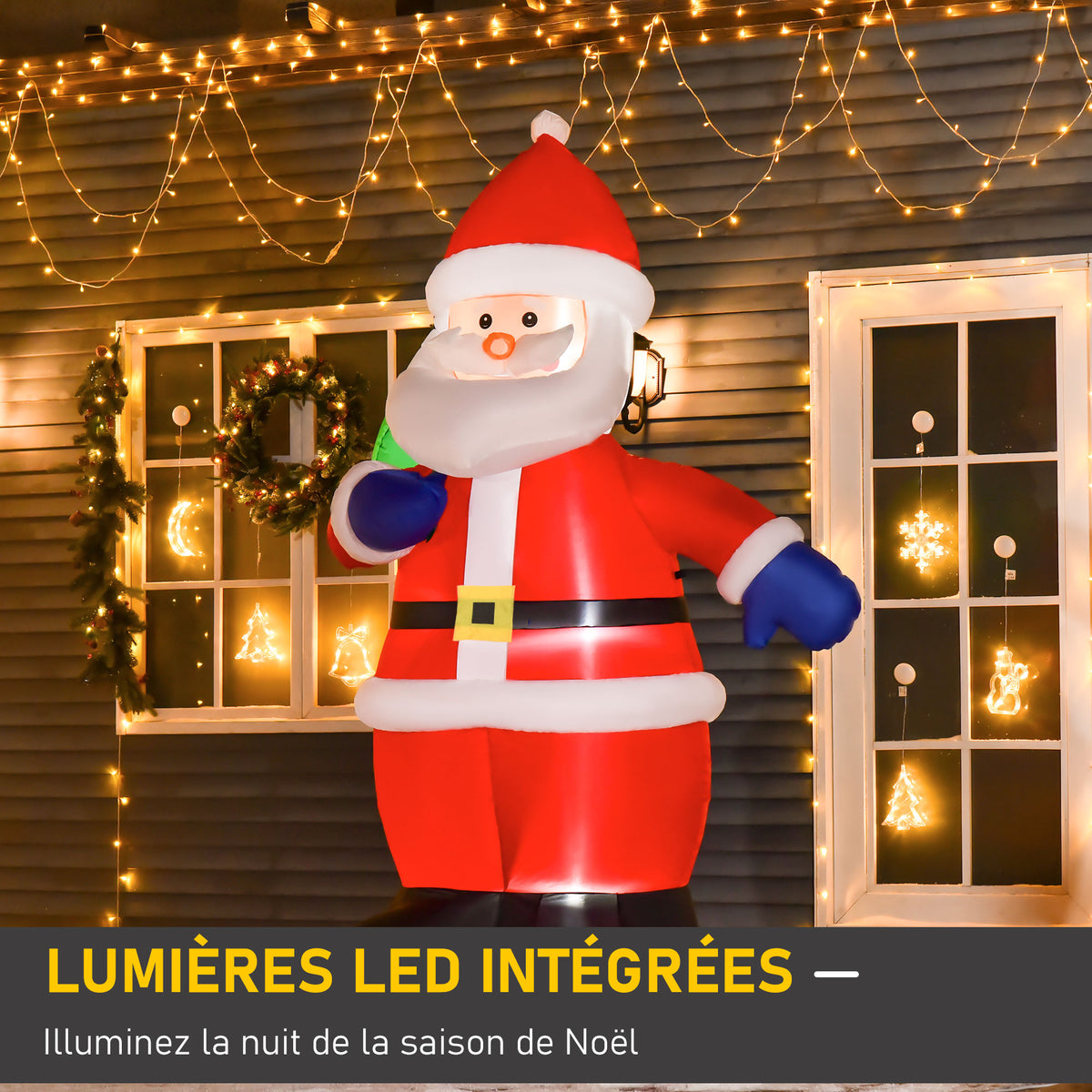 Père Noël Gonflable LED 2,4H m avec hotte Polyester imperméable Rouge