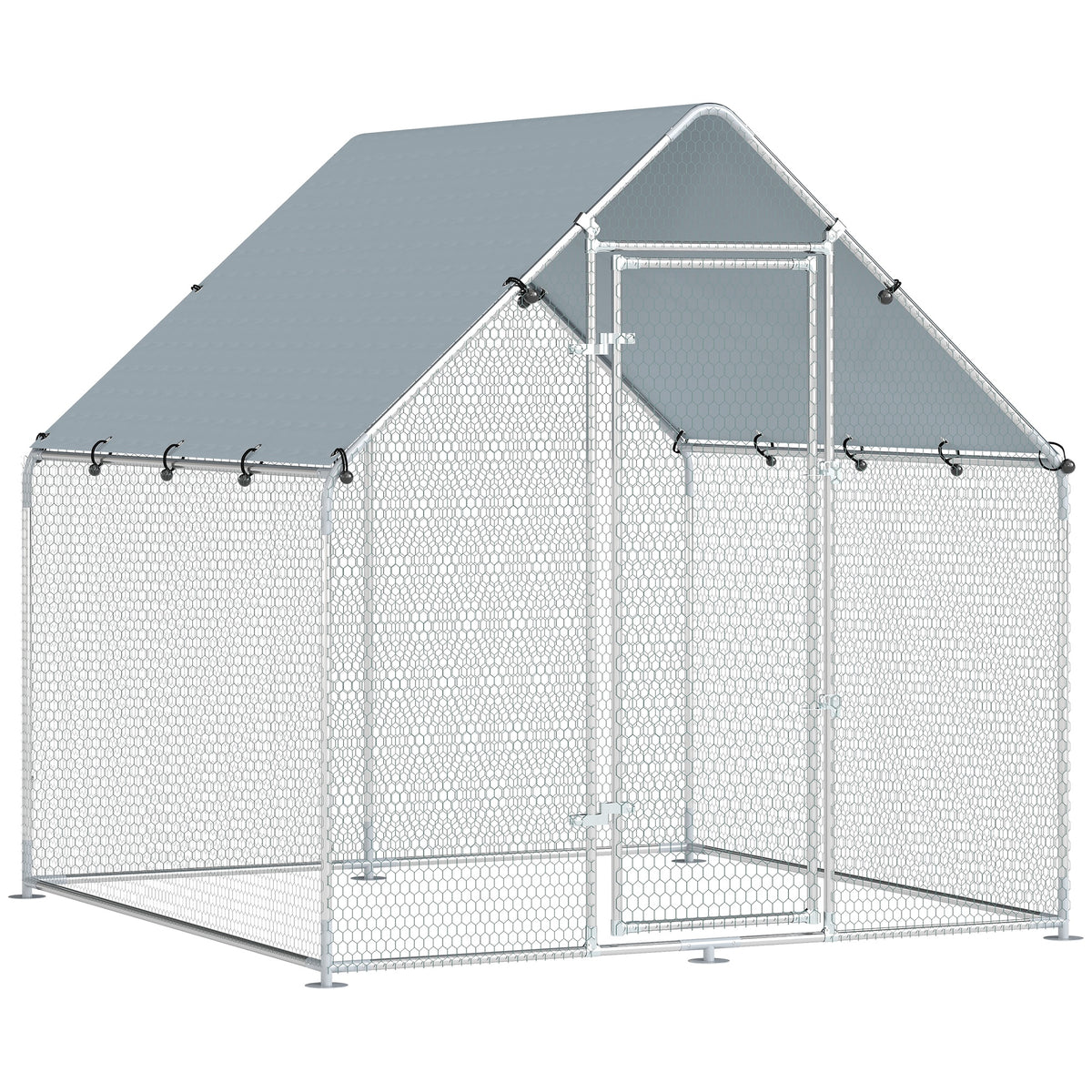 Enclos poulailler extérieur 4 m², parc grillagé - acier galvanisé Ø19mm - bâche Oxford 420D anti-UV 200x200x200cm argent
