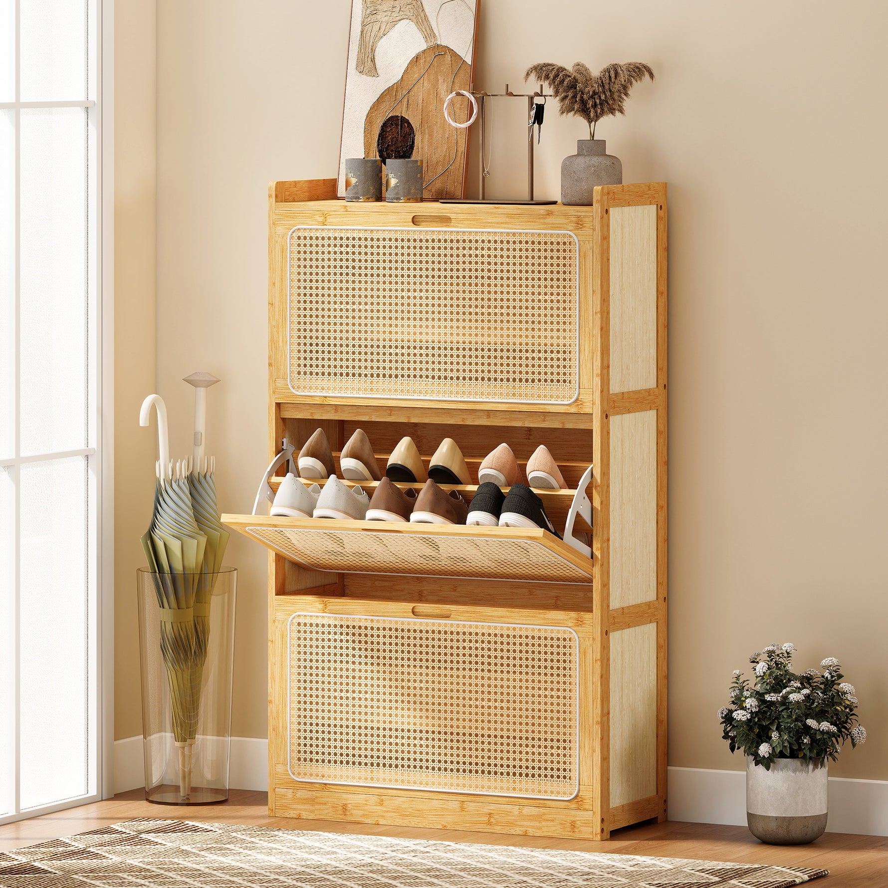 Meuble à chaussures 14 paires, armoire à chaussures 3 tiroirs rabattables, étagères réglables 69x29x119,8cm bois naturel