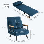 Fauteuil convertible 3 en 1 lit 1 place dossier 5 positions, accoudoirs en bois et coussin, tissu effet velours, bleu