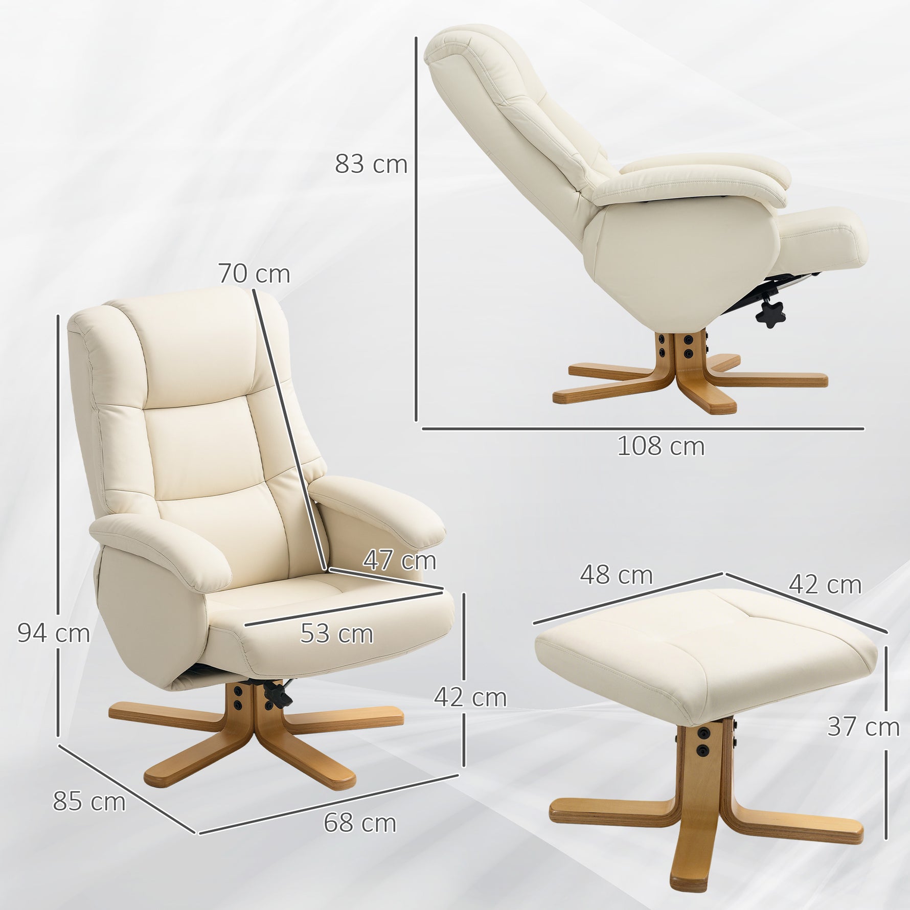 Fauteuil relax avec repose-pied fauteuil de relaxation pivotant 360° dossier inclinable charge 120 Kg crème