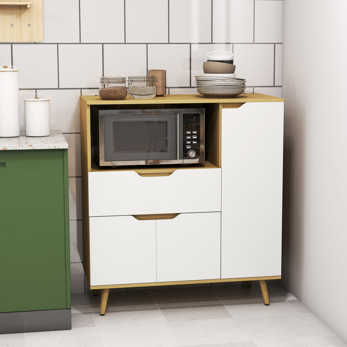 Meuble de rangement cuisine pour micro-ondes, 1 tiroir, 2 placards une étagère, 90 x 40 x 98,5 cm, bois et blanc