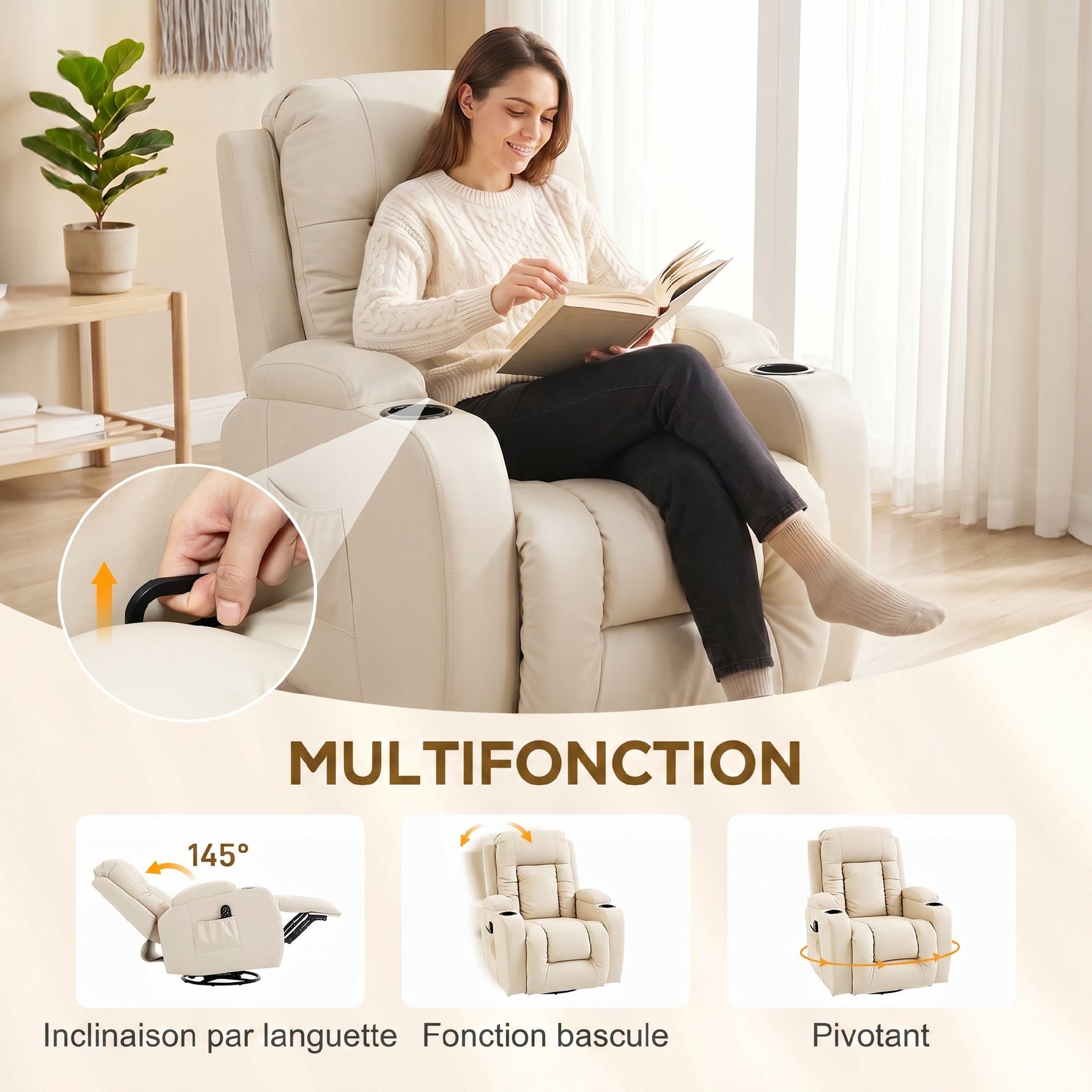 Fauteuil inclinable de massage et chauffage, fauteuil de relaxation, dossier réglable, pivotant 360°, 82x99x103cm, crème