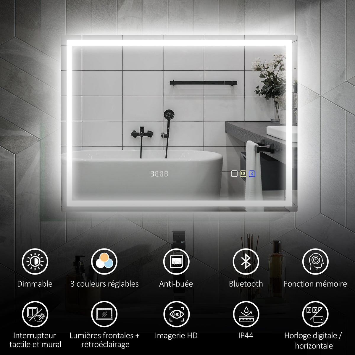 Miroir salle de bain LED bluetooth 60 x 80 cm interrupteur tactile lumière réglable 3 couleurs anti-buée mémoire argent