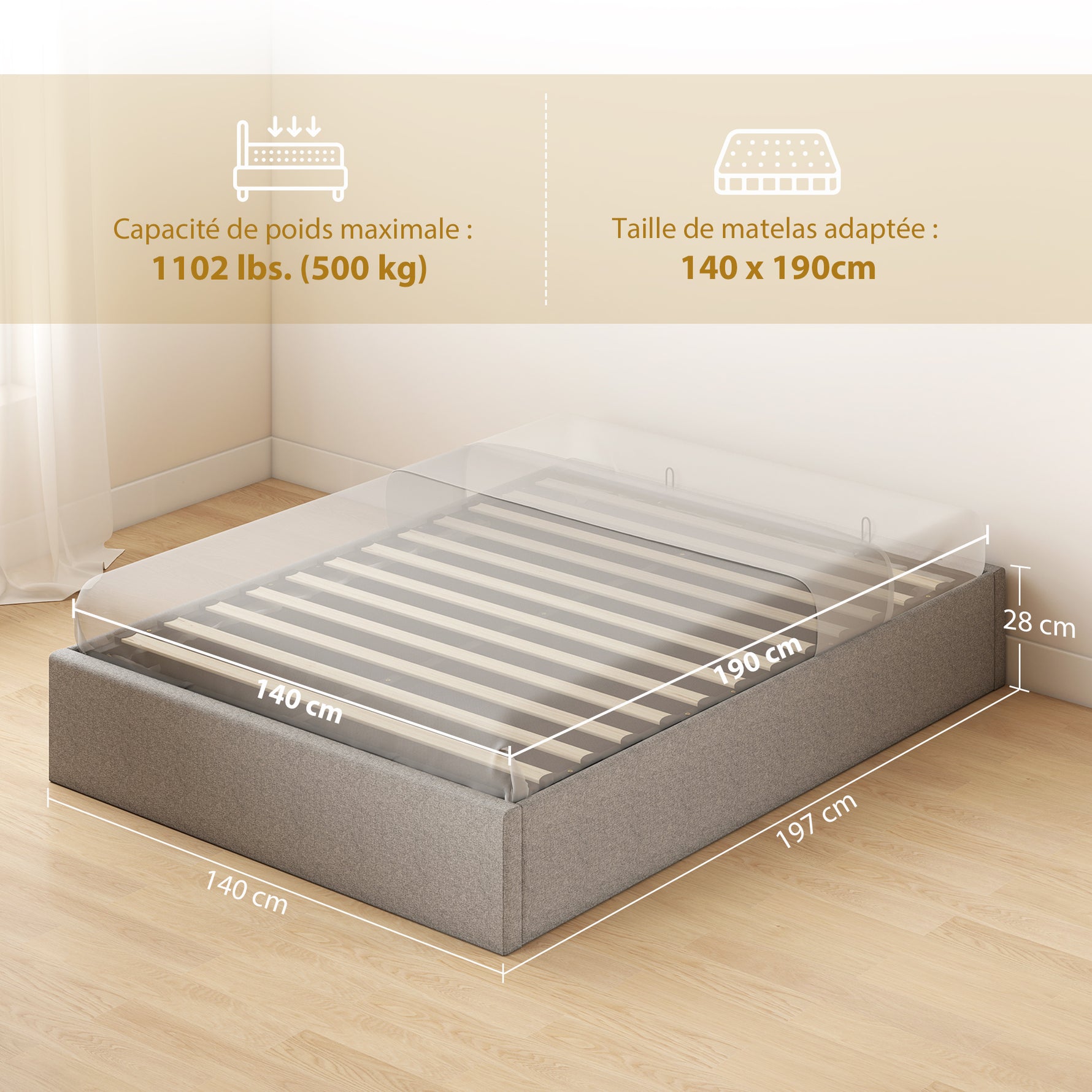 Lit coffre 140 x 190 cm, cadre de lit double rembourré, sommier à lattes en bois, rangement caché, sans bruit, gris