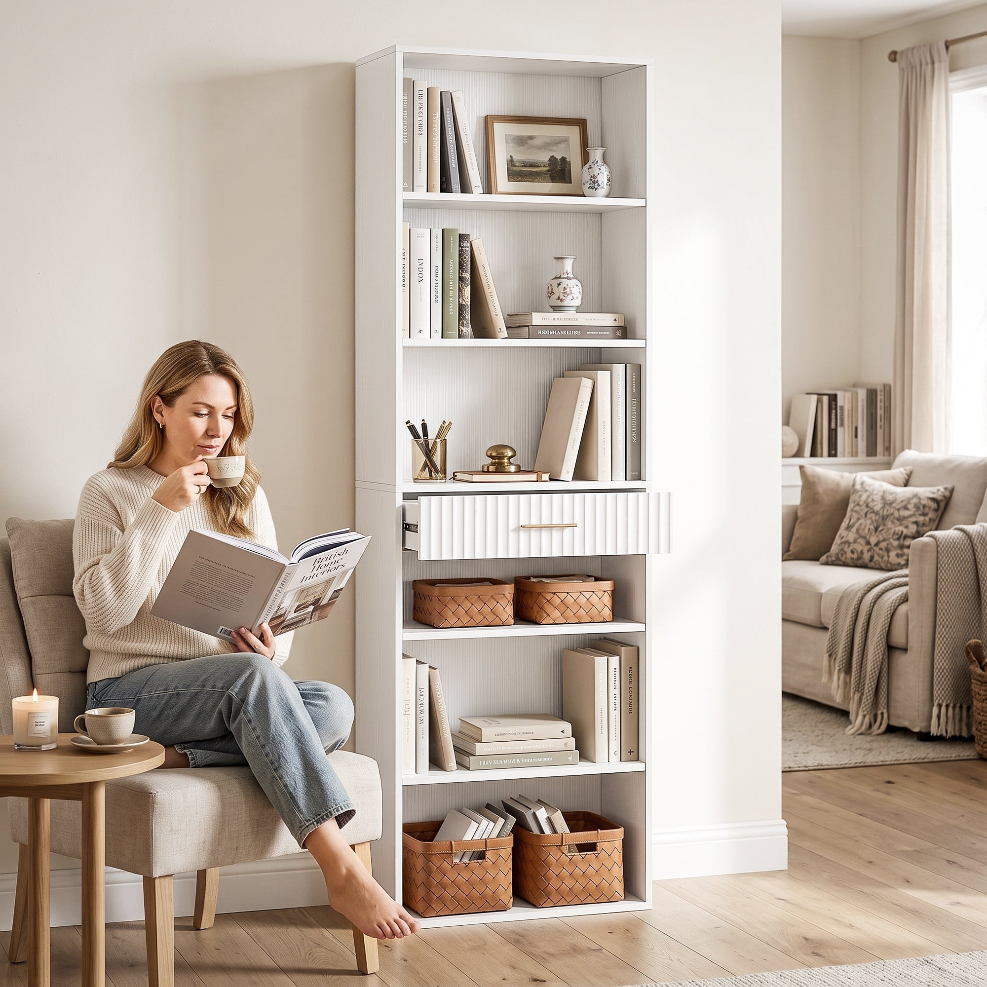 Libreria a 7 ripiani, 6 scomparti a giorno e cassetto con motivo ondulato, moderna, 60 x 24 x 182 cm, bianco