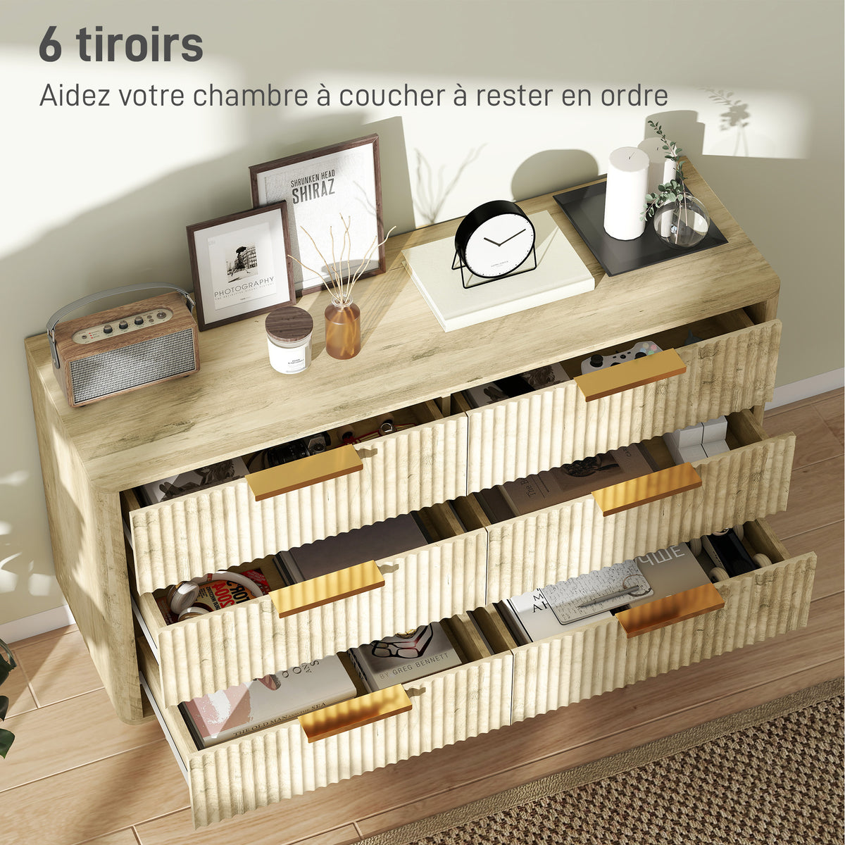 Commode 6 tiroirs scandinave avec poignées et pieds de pin, pour chambre à coucher, salon, couloir, 120x40x76cm, chêne