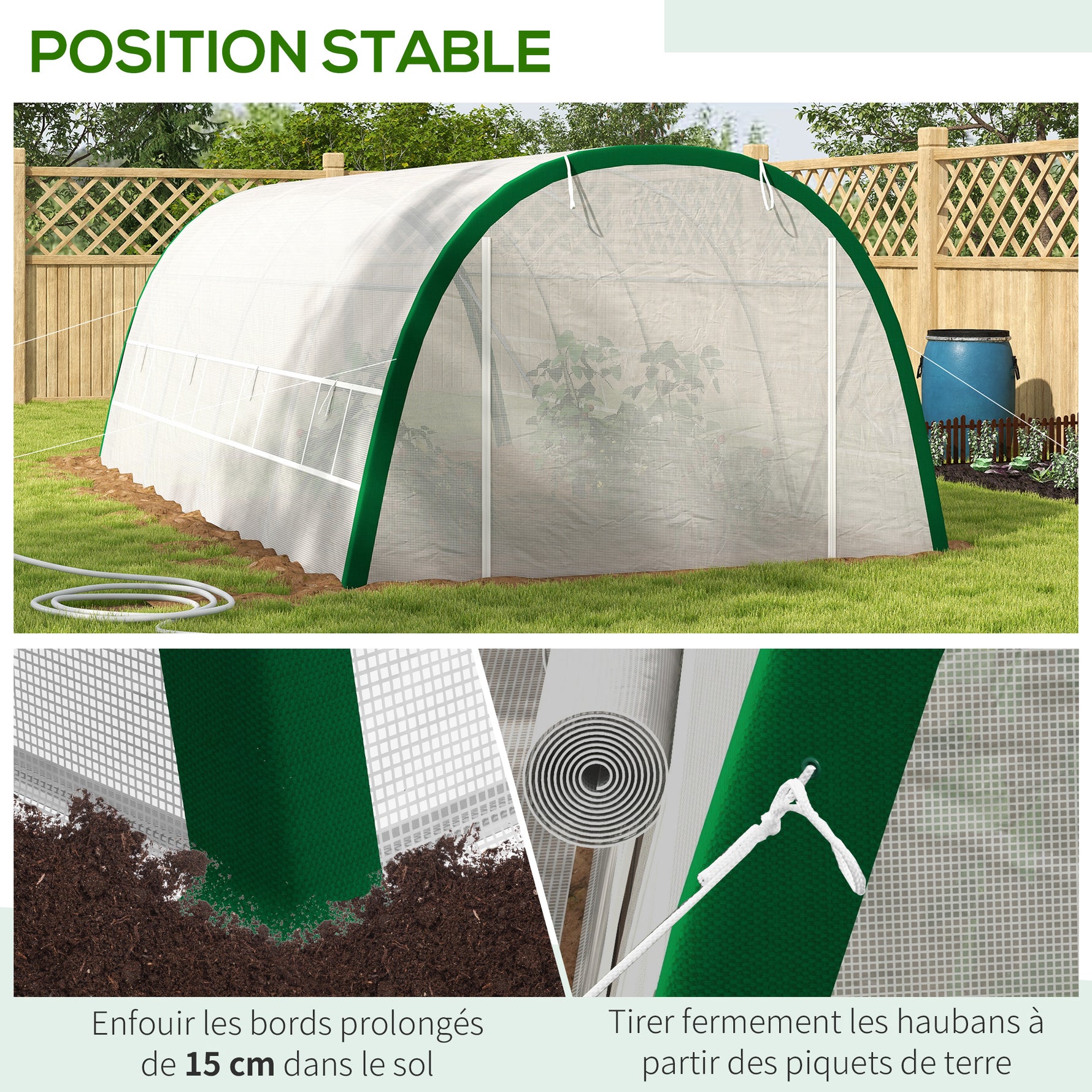 Serre de Jardin Tunnel 18 m² dim. 6L x 3l x 2H m - 8 fenêtres, Porte zippée Enroulable, Acier galvanisé, bâche PE, Blanc