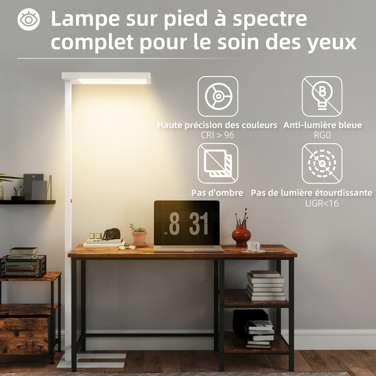 Lampadaire sur pied salon LED dimmable spectre complet pour le soin des yeux télécommande 60 x 32 x 196 cm blanc