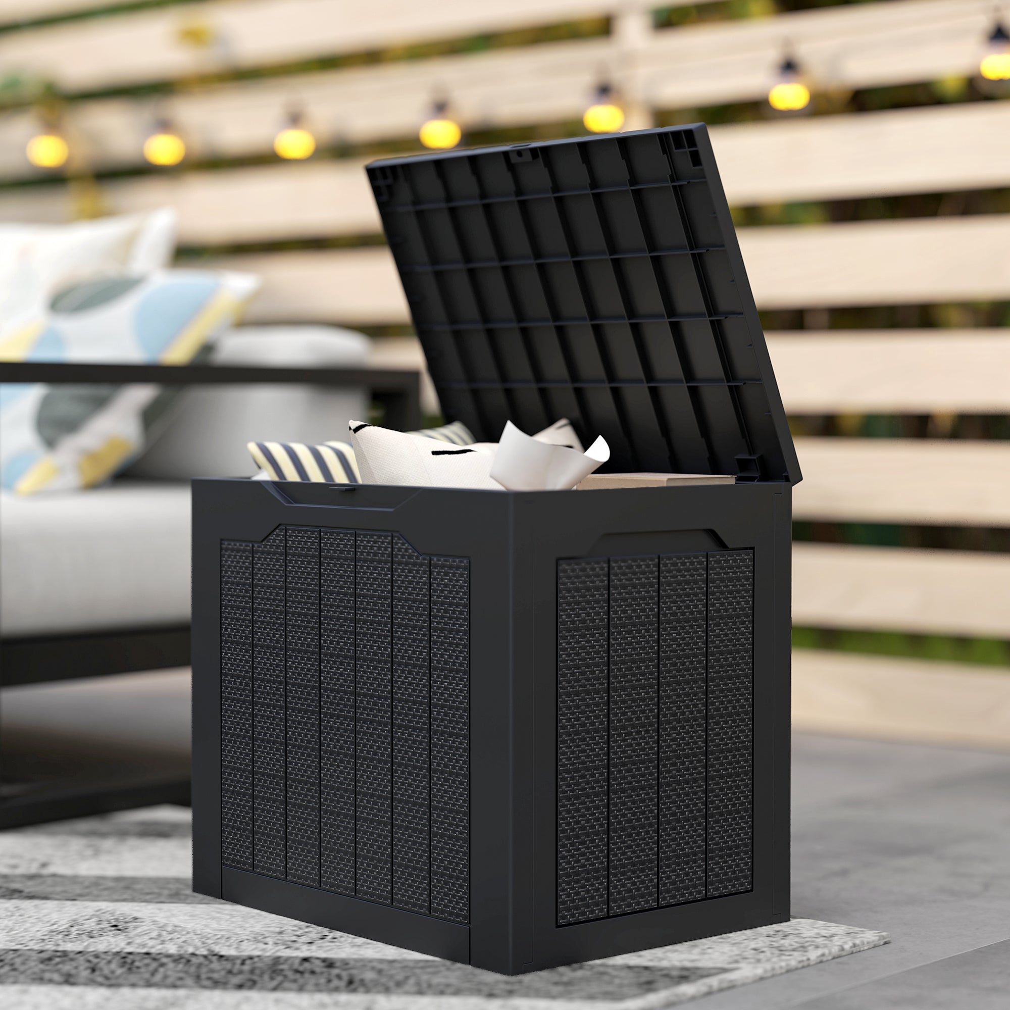 Coffre de rangement extérieur 97L avec poignées encastrées, malle de rangement extérieur étanche 56 x 41 x 50 cm, noir