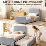 Lit gigogne 90 x 190 cm, cadre de lit simple/double avec sommier à lattes en bois, tête et pied rembourrés, gris clair