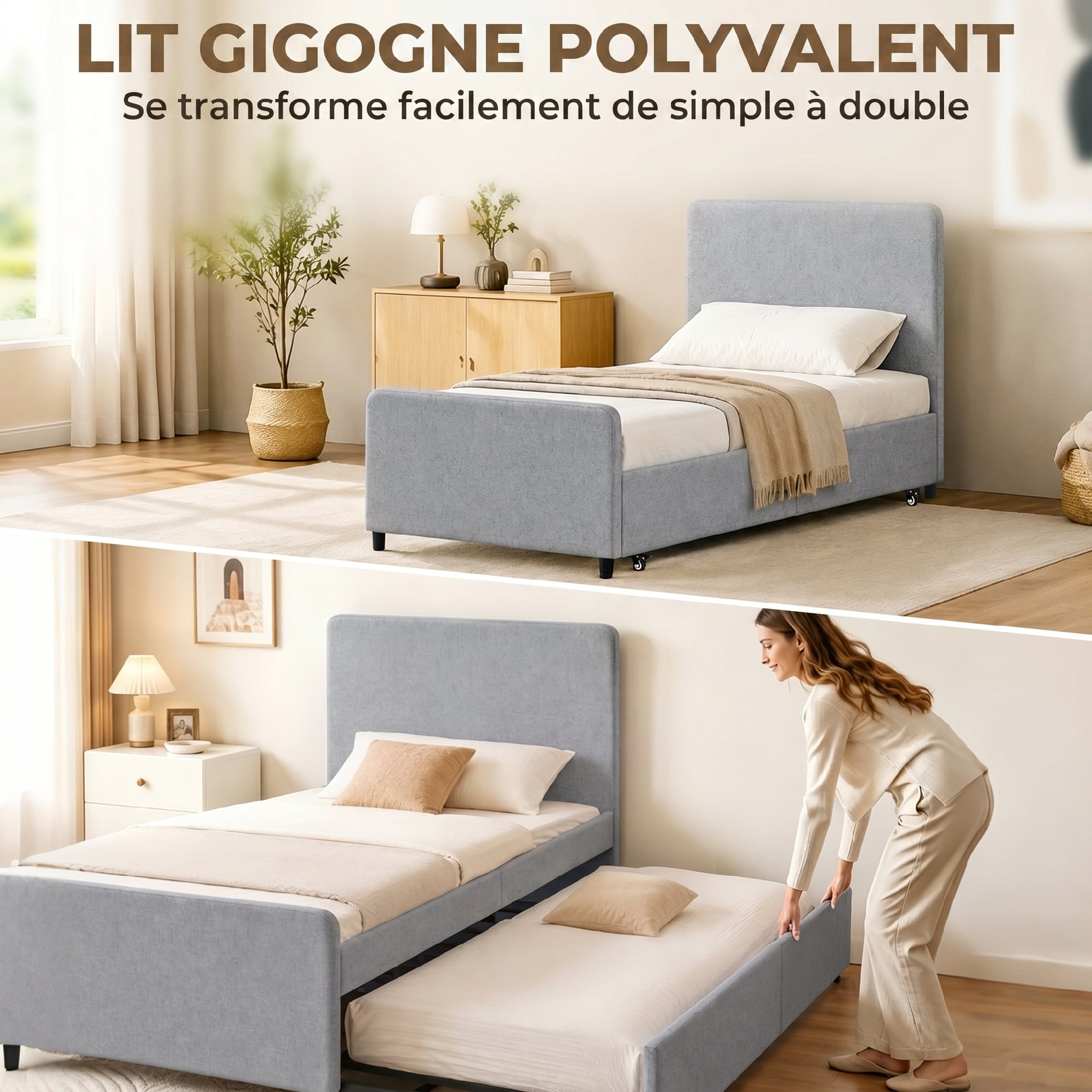 Lit gigogne 90 x 190 cm, cadre de lit simple/double avec sommier à lattes en bois, tête et pied rembourrés, gris clair