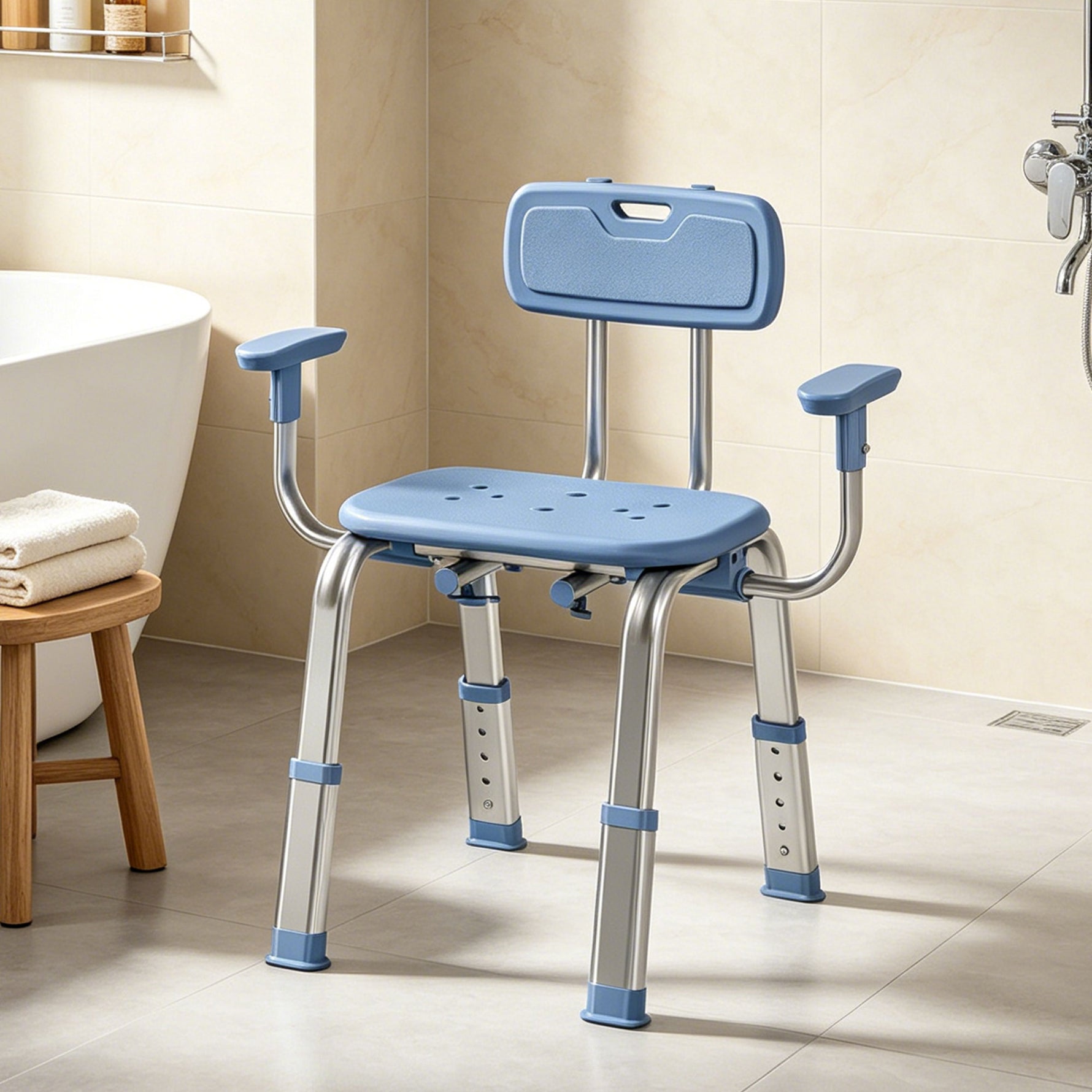 Tabouret de douche chaise de douche ergonomique avec accoudoirs, dossier, hauteur et siège réglables, bleu