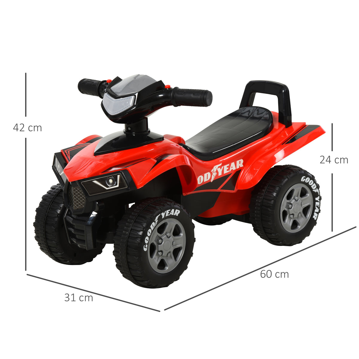 Ride-on Quad for Children 18-36 Months dim. 60L x 31W x 42H cm Light and Sound Effects Red Black