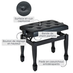 Banc de piano, banc de clavier réglable en hauteur en bois massif, tabouret piano avec siège rembourré polyuréthane à 10 boutons, stable et antidérapant, charge 200kg, noir