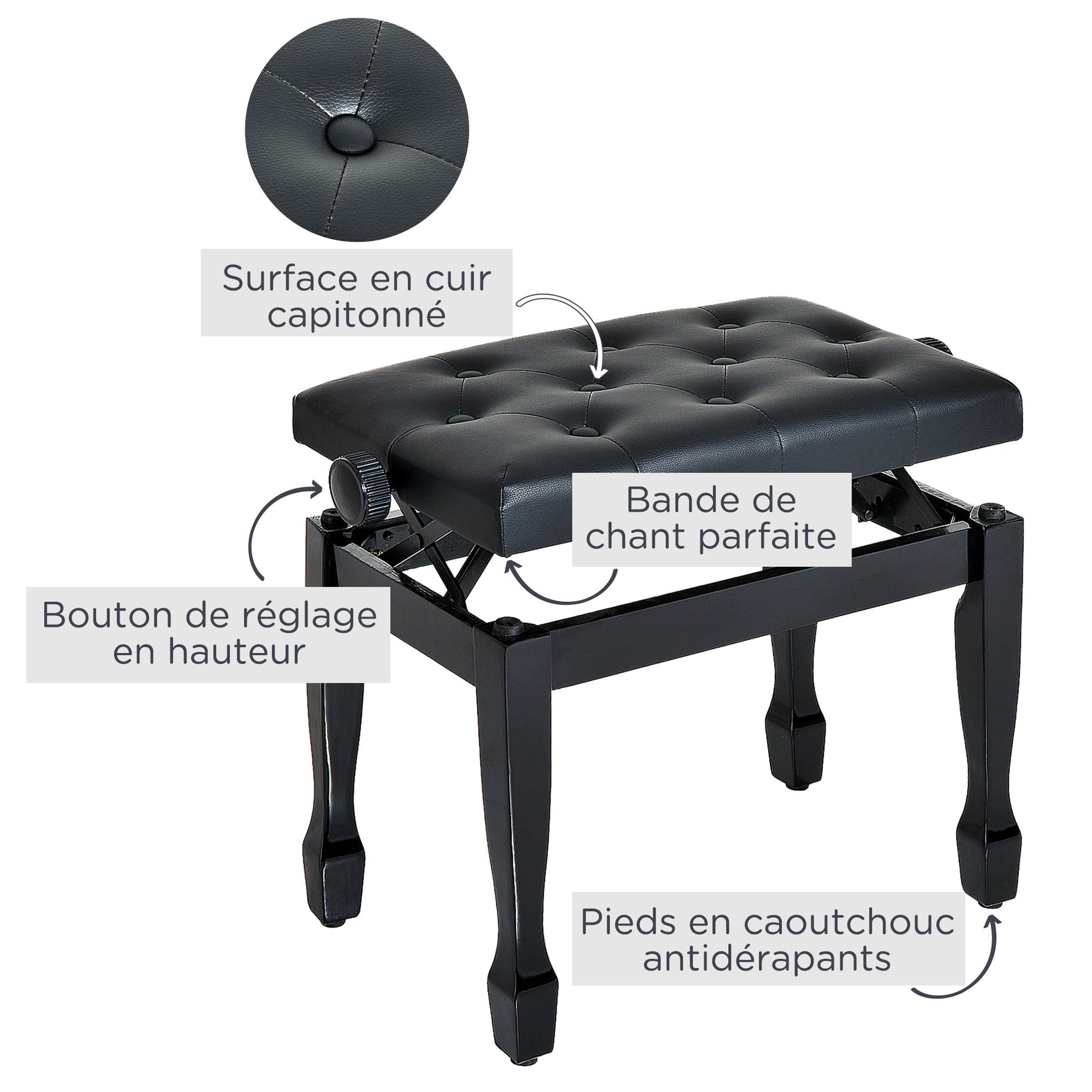 Banc de piano, banc de clavier réglable en hauteur en bois massif, tabouret piano avec siège rembourré polyuréthane à 10 boutons, stable et antidérapant, charge 200kg, noir