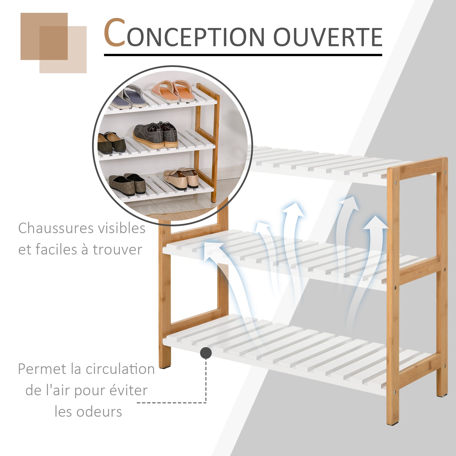 Étagère à chaussures à 3 niveaux, porte-chaussures en bois de pin avec 3 étagères à lattes, pour salon, entrée, 70 x 26 x 57,5 cm, blanc et effet bois naturel