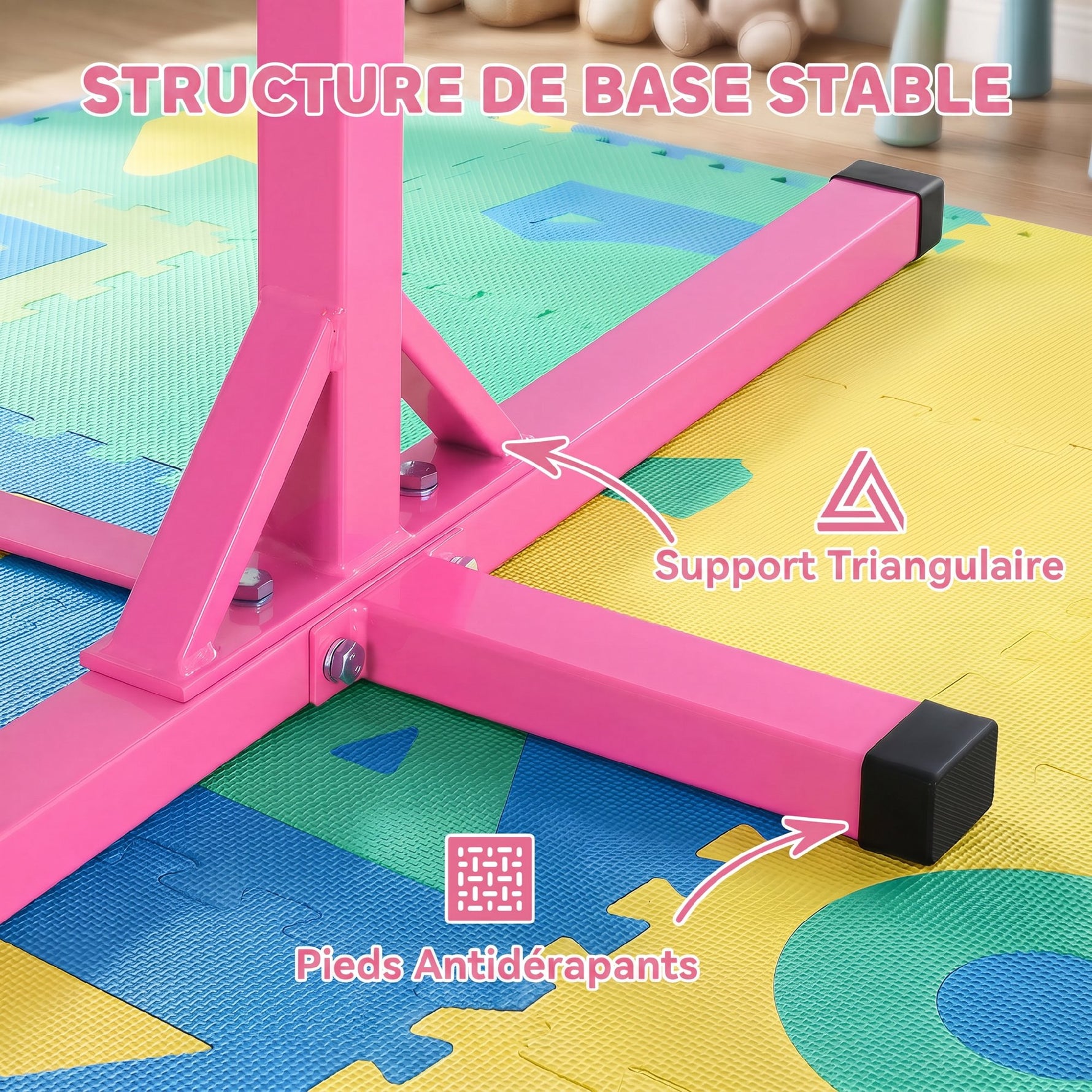 Barre Fixe de Gymnastique pour Enfant, Hauteur Réglable sur 13 Niveaux de 92-150 cm, en Acier et Bois de Hêtre, Barre de Gym d'Entraînement à Domicile, Antidérapant, Facile à Assembler, Rose
