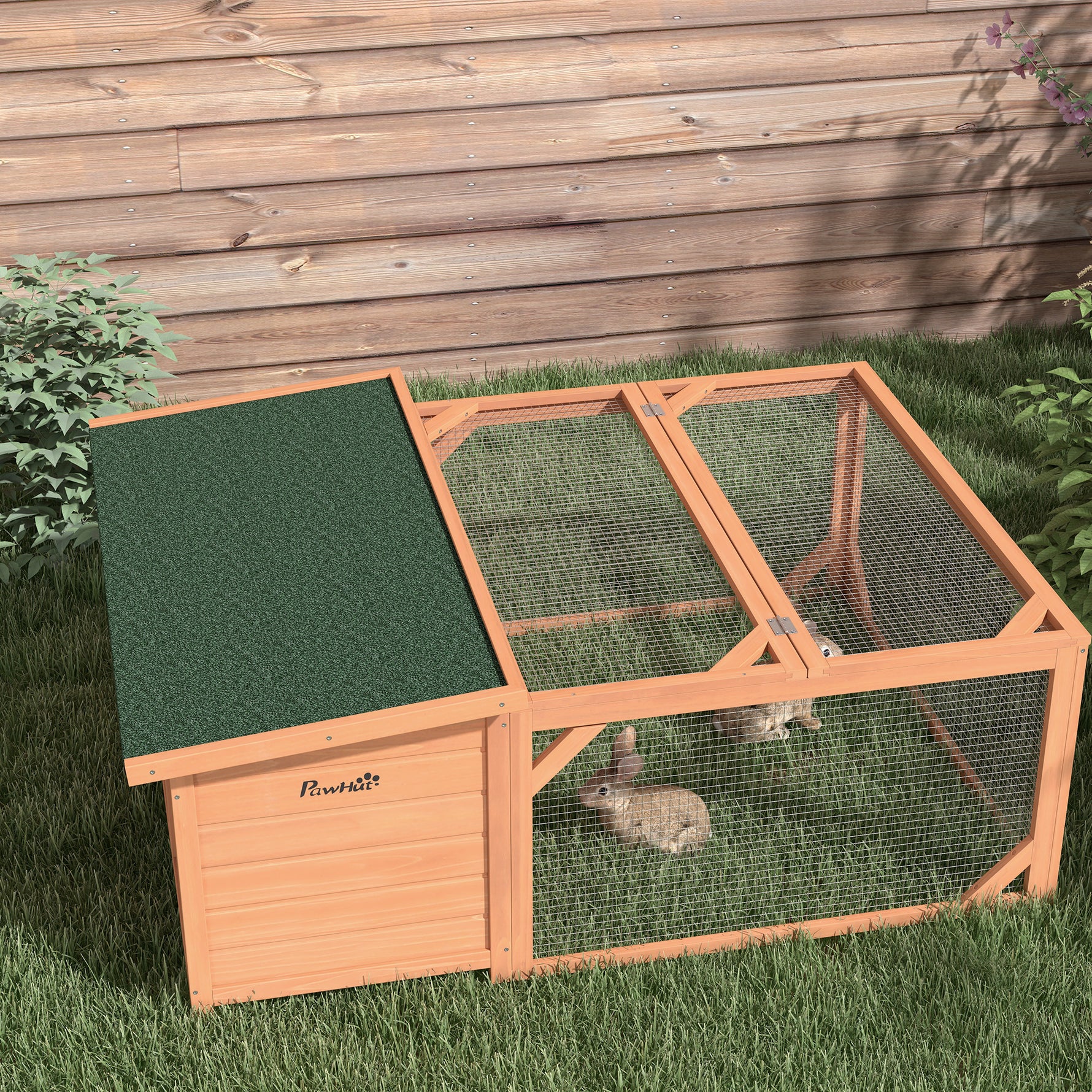 Clapier d'extérieur, cage lapin avec enclos, toit en asphalte, cadre en bois, 125,5 x 100 x 49 cm, orange