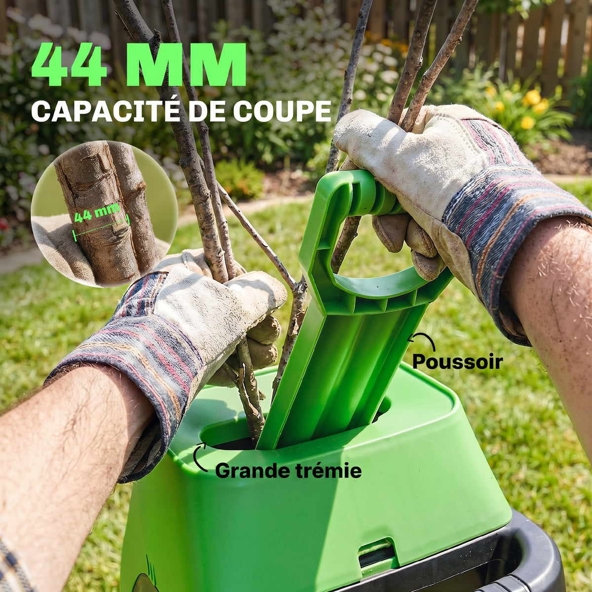Broyeur de Végétaux Électrique 2500 W, Broyeur de Branches avec Sac de Collecte 45L, 4300 tr/min, 44x34x96cm, Vert