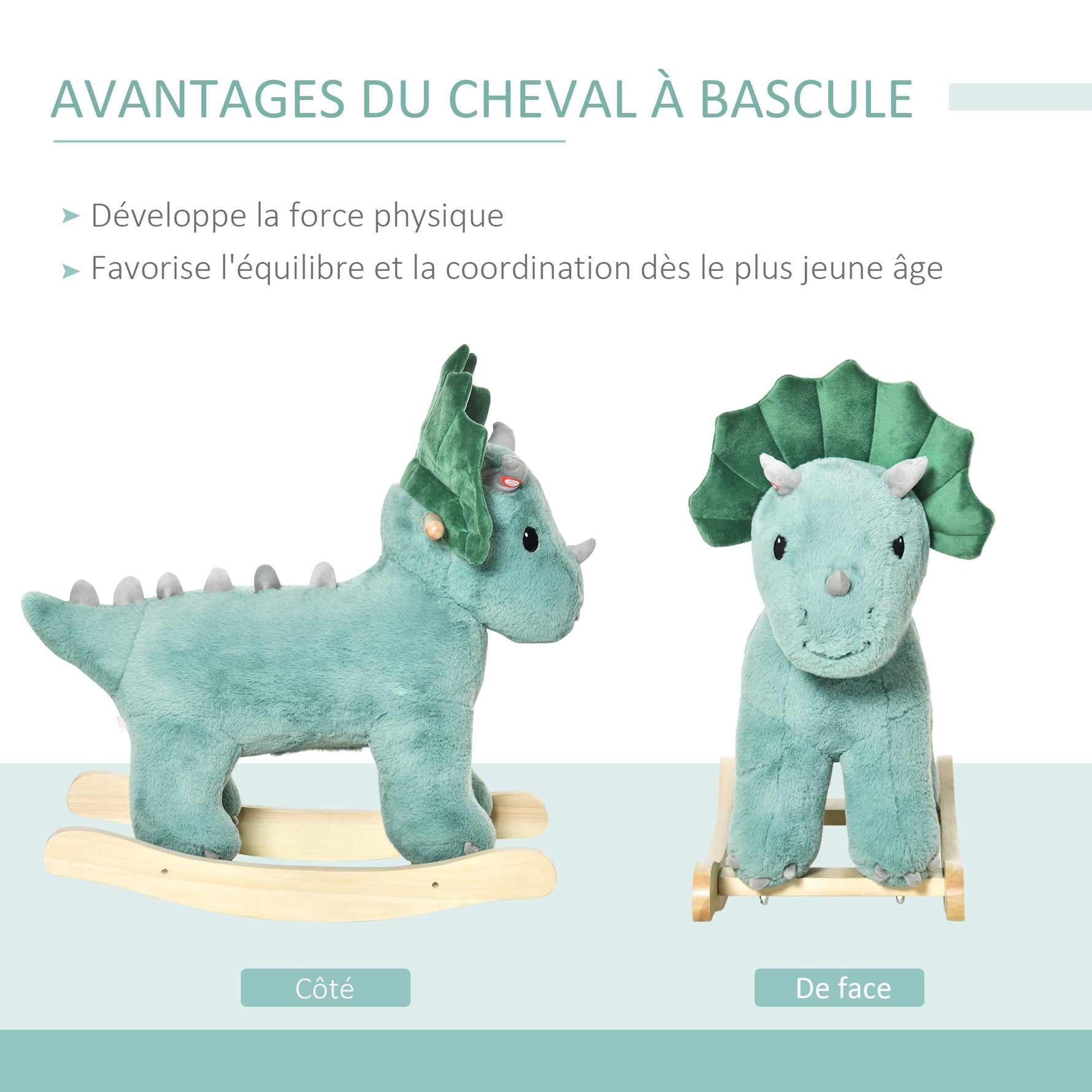 Jouet à Bascule Dinosaure Effet sonore Rugissement Bois peuplier Peluche Courte Polyester Vert d'eau