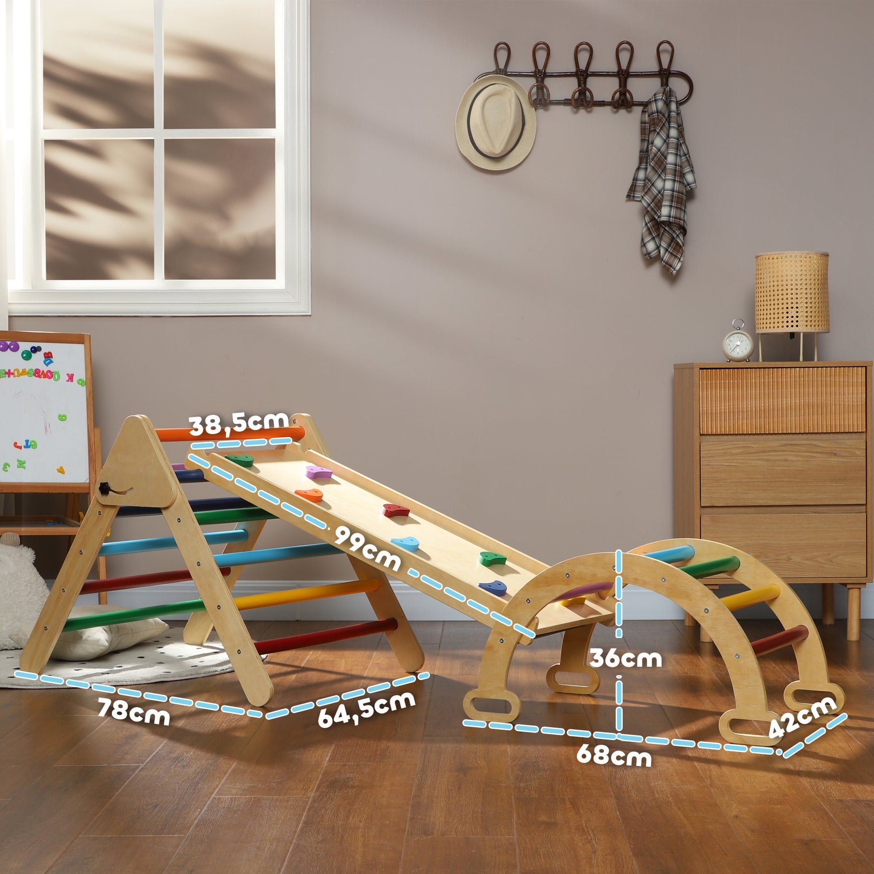 5 en 1 Triangle arche d'escalade enfants avec rampe d'escalade réversible toboggan bascule multicolore