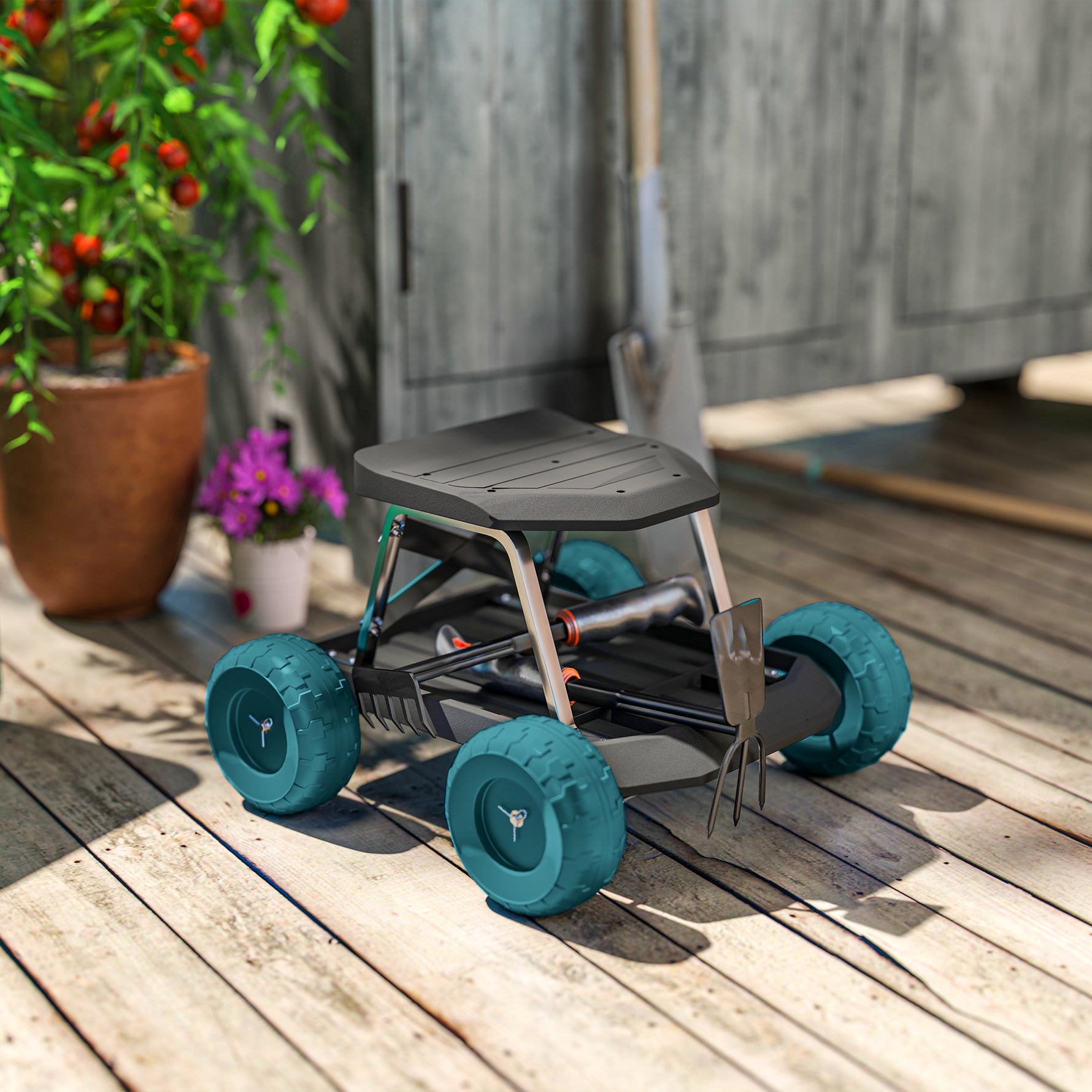 Siège de jardin sur roues tabouret de jardinage plateau à outils pour désherber planter 50 x 49 x 32 cm vert foncé