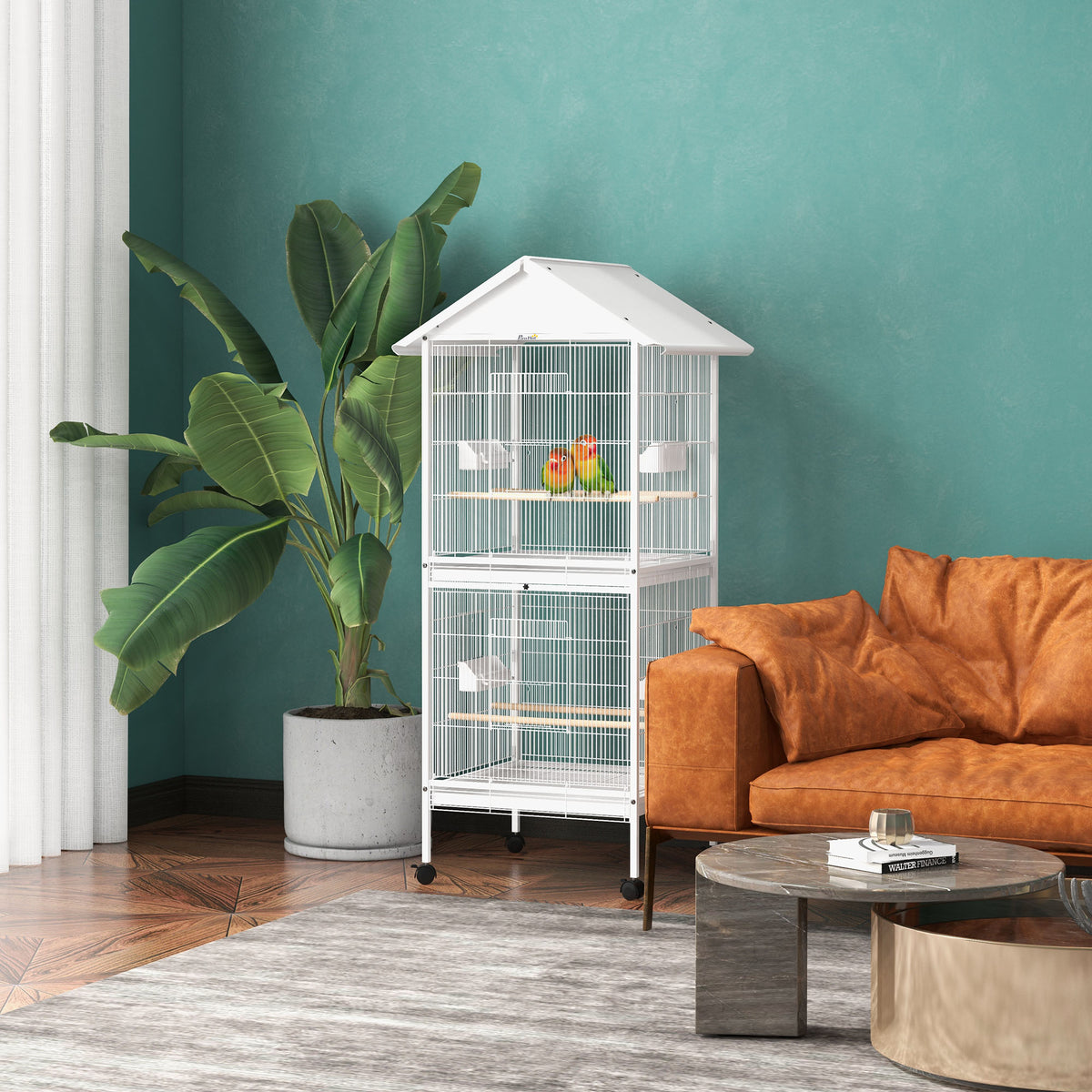 Volière intérieure cage à oiseaux sur roulettes design maison mangeoires perchoirs portes plateaux excréments amovibles