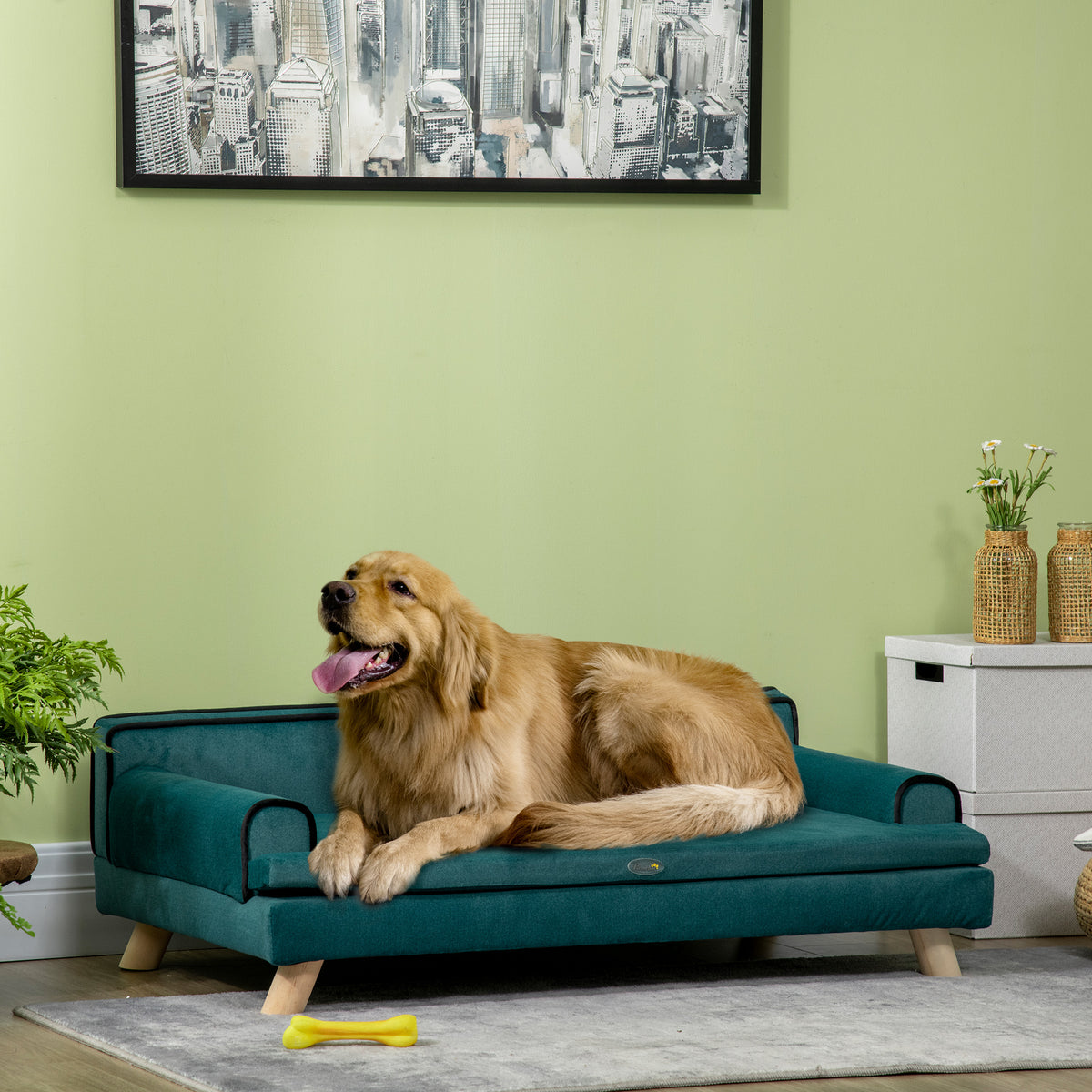 Canapé pour chien chat design scandinave coussin moelleux amovible pieds bois massif 100 x 62 x 32 cm bleu canard-9