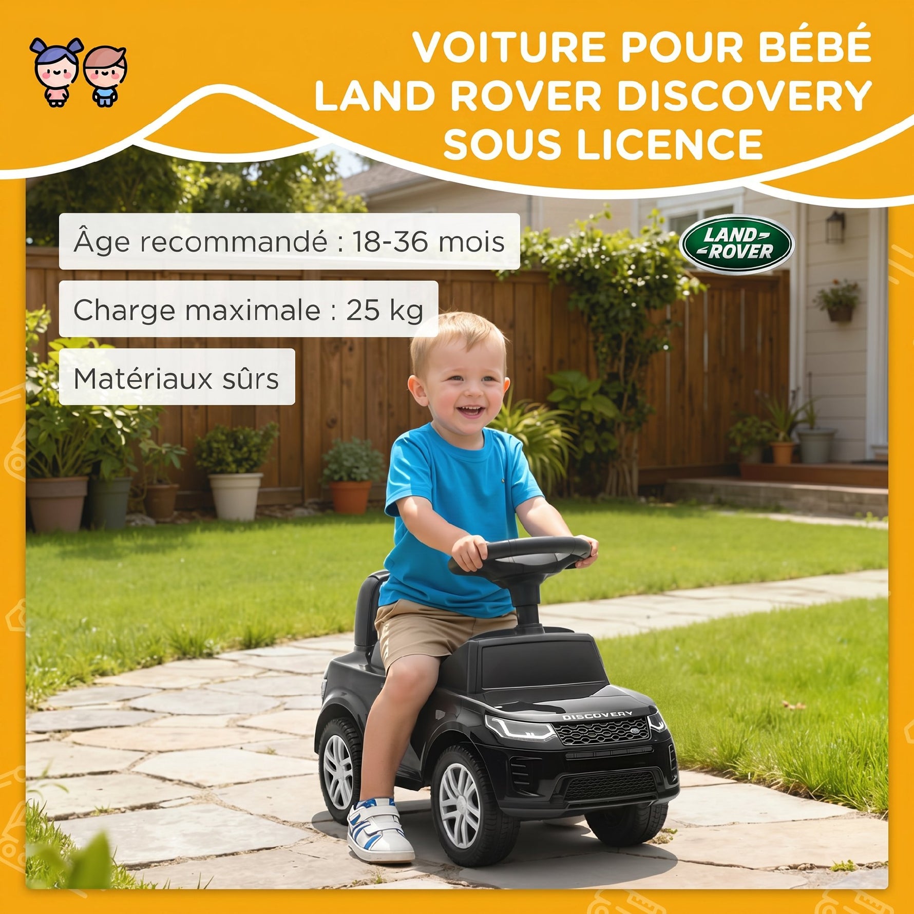 Porteur enfants voiture sous licence Land Rover, véhicule à pousser, klaxon, sons de moteur, rangement sous siège, noir