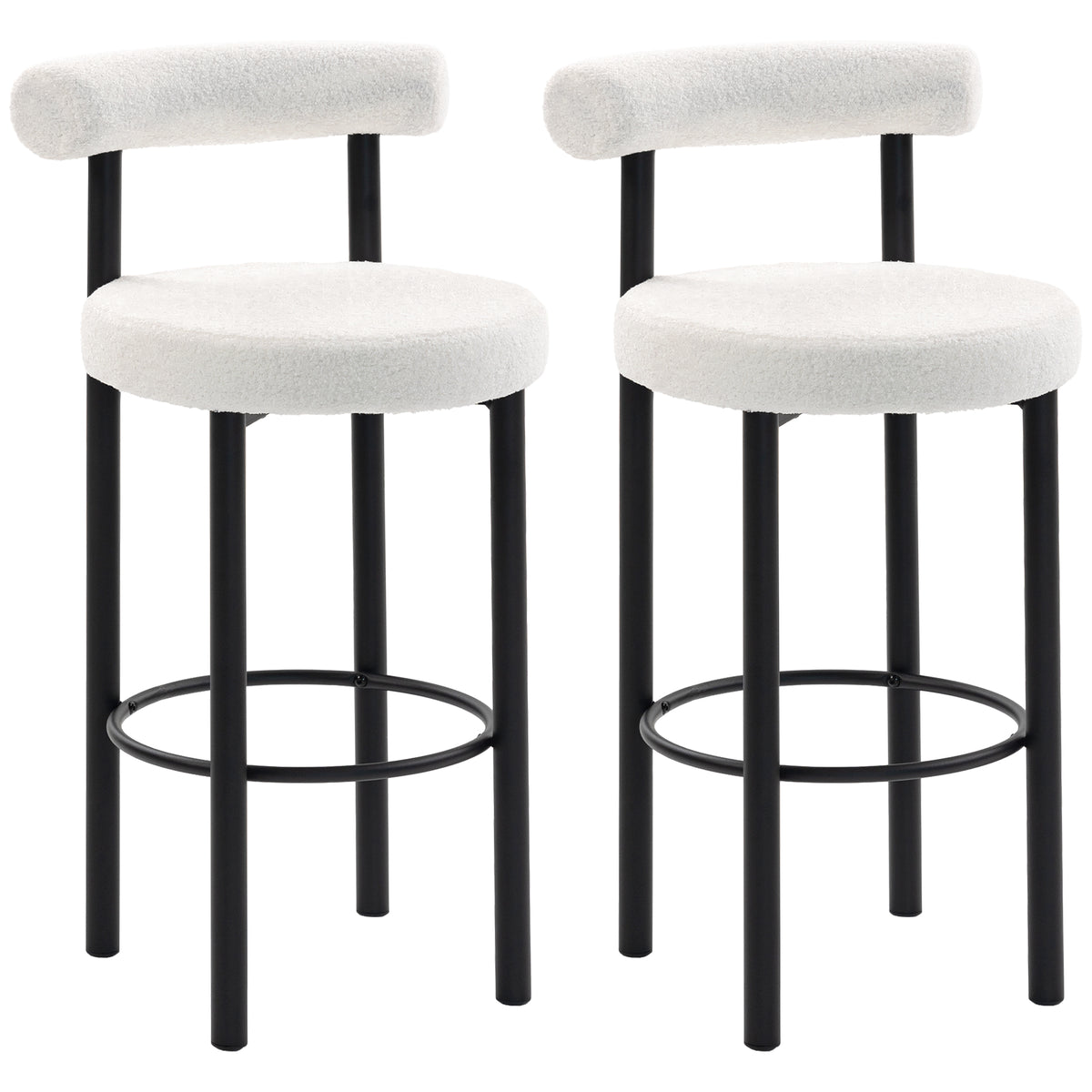 Lot de 2 tabourets de bar, chaises de bar en tissu bouclette avec dossier incurvé, repose-pieds, 50x52,5x98cm, blanc
