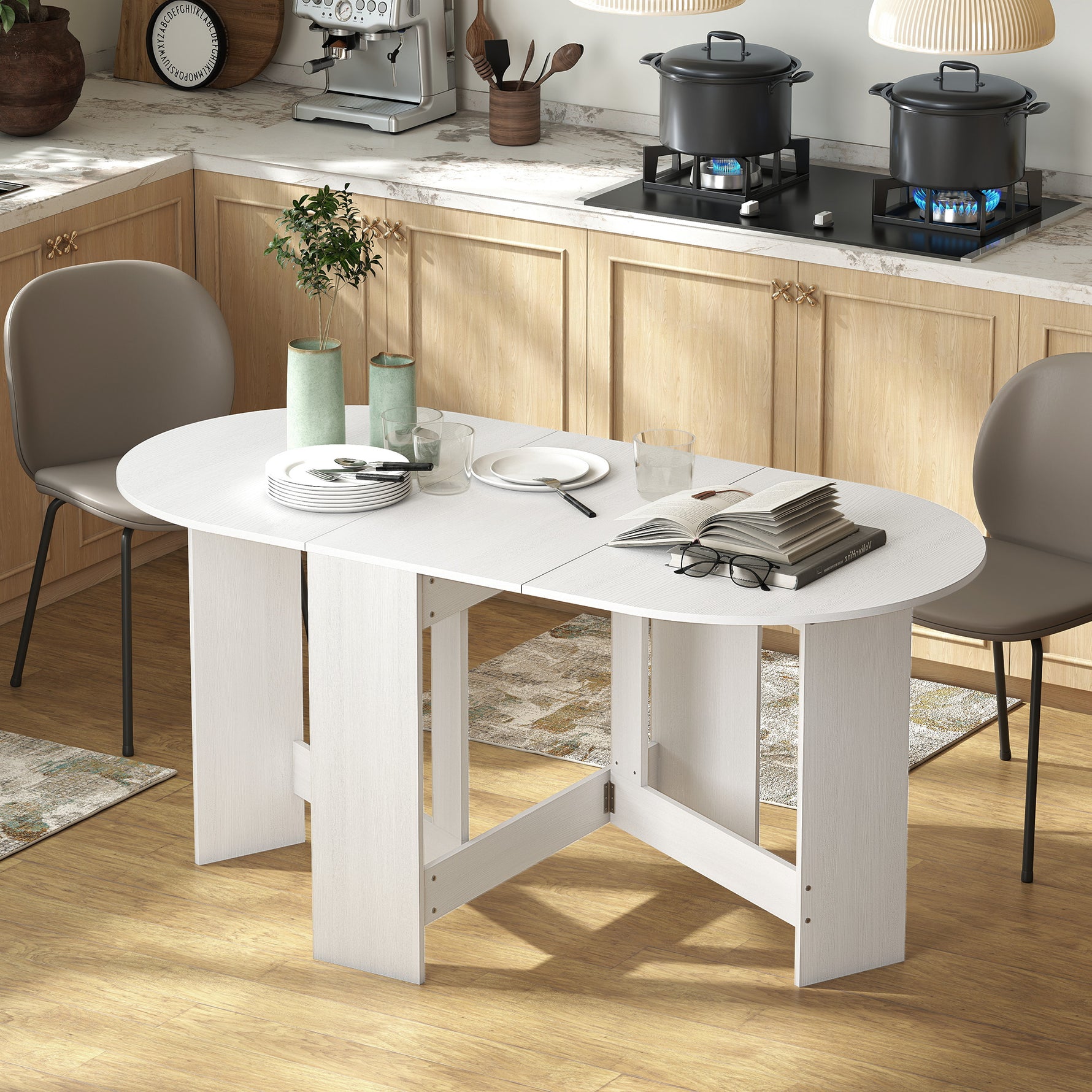 Table à manger pliante, table pliante cuisine ovale jusqu'à 6 personnes, pour petits espaces, salle à manger, blanc-1