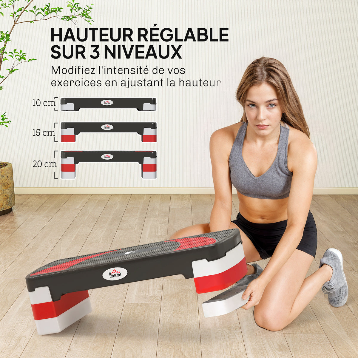 Stepper Fitness Aerobic - .fr x FFHandball - hauteur reglable surface antiderapante 80 x 31 x 20 cm noir gris clair