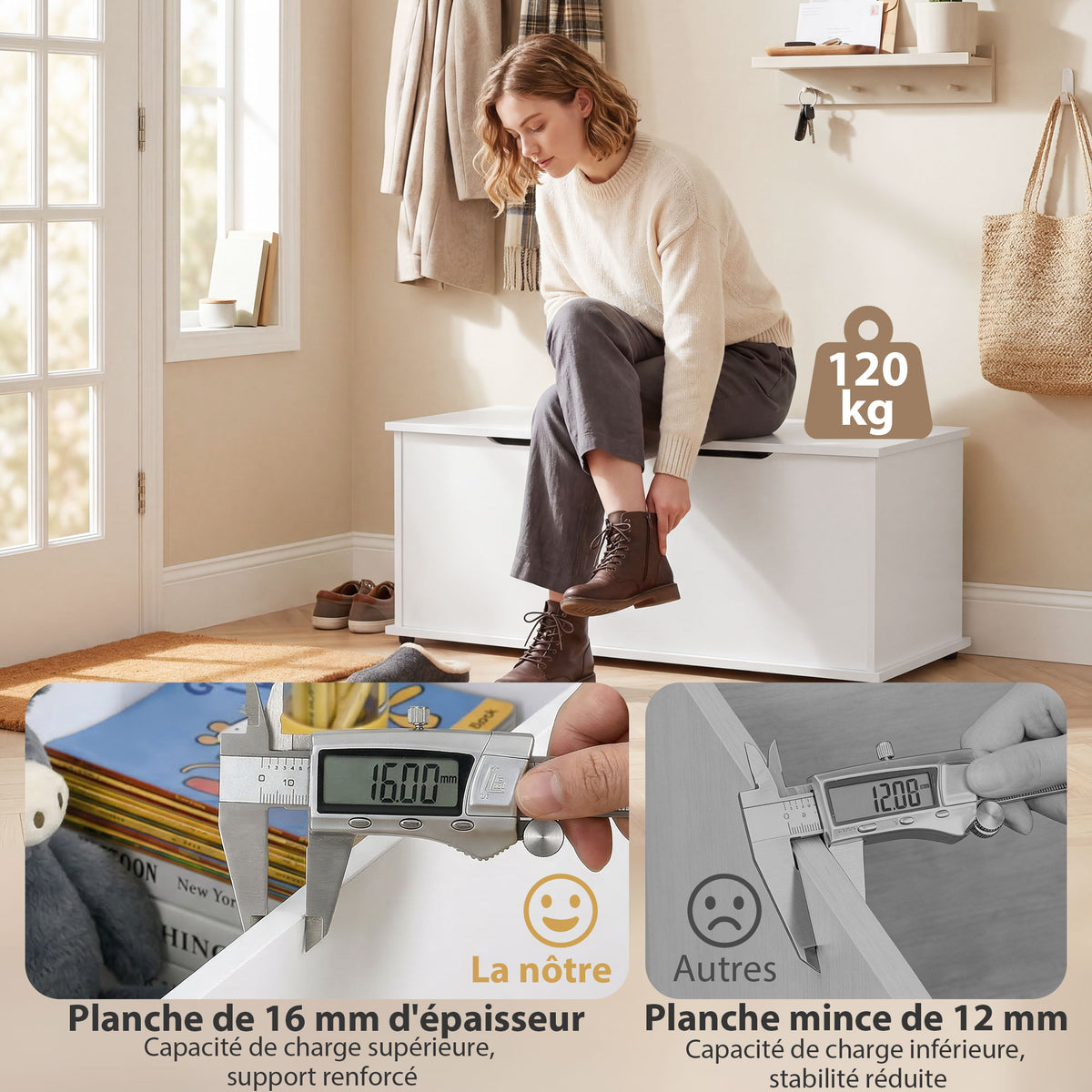 Storage chest, storage bench with flip-top lid and safety hinges, shoe bench, entryway furniture, hallway, bedroom, living room, 100 x 40 x 40 cm, white