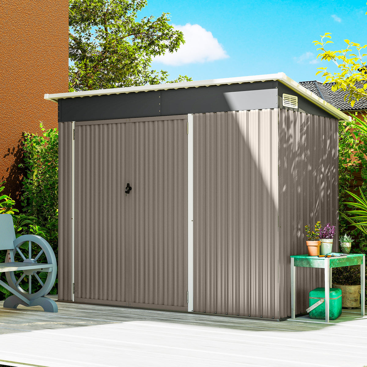 Abri de jardin en métal cabane jardin extérieure triple porte verrouillable toit incliné aérations 234x132x185cm gris