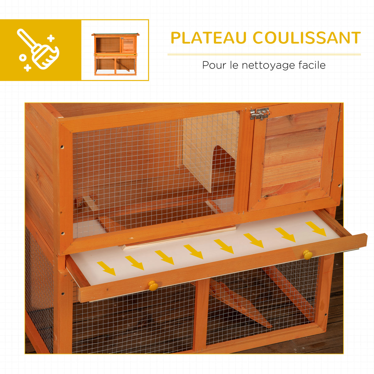 Clapier à lapin cage à lapin 2 étages plateau coulissant rampe et toit ouvrant 90L x 45l x 80H cm