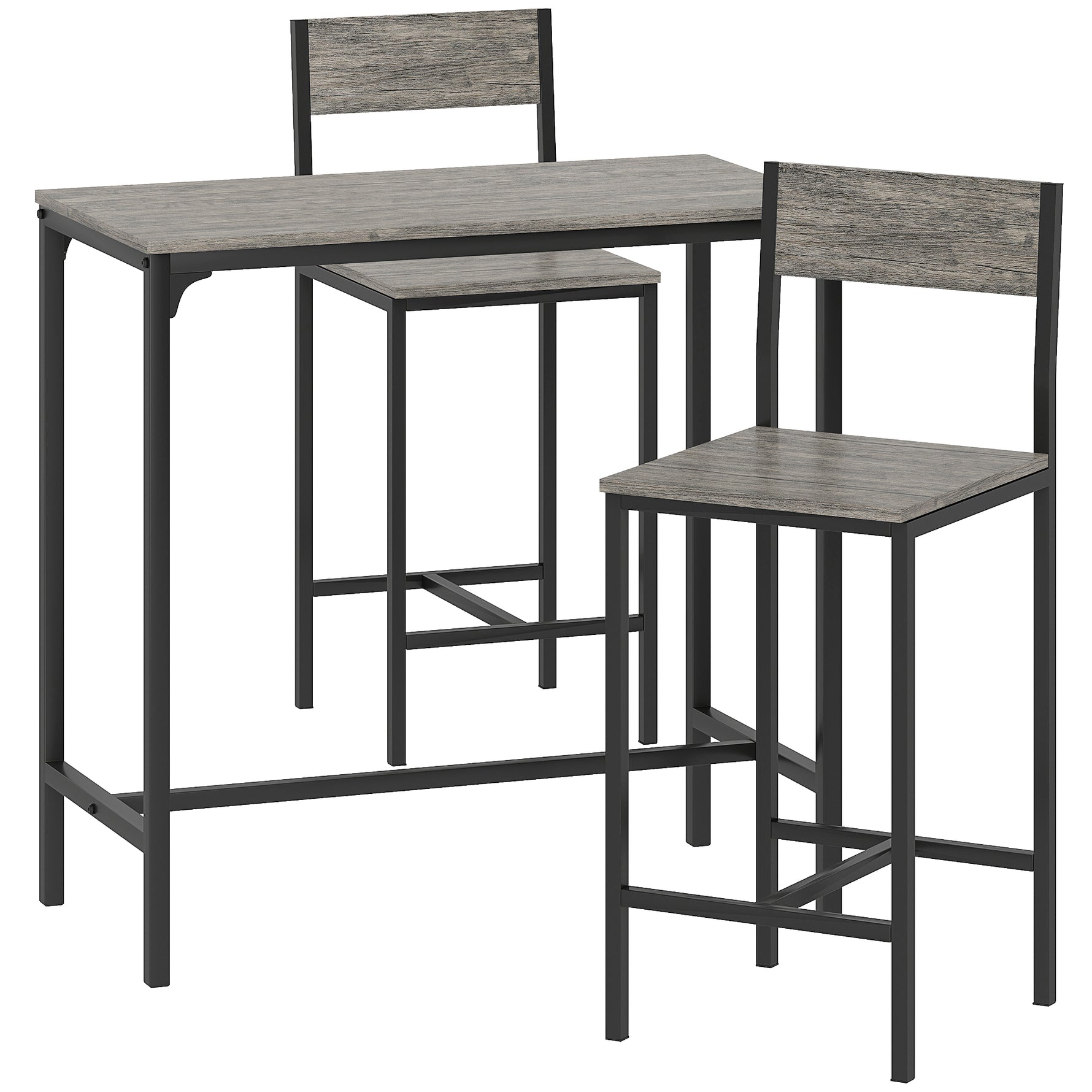 Ensemble table de bar avec tabourets, table à manger debout avec 2 chaises de bar, repose-pieds et dossiers, gris