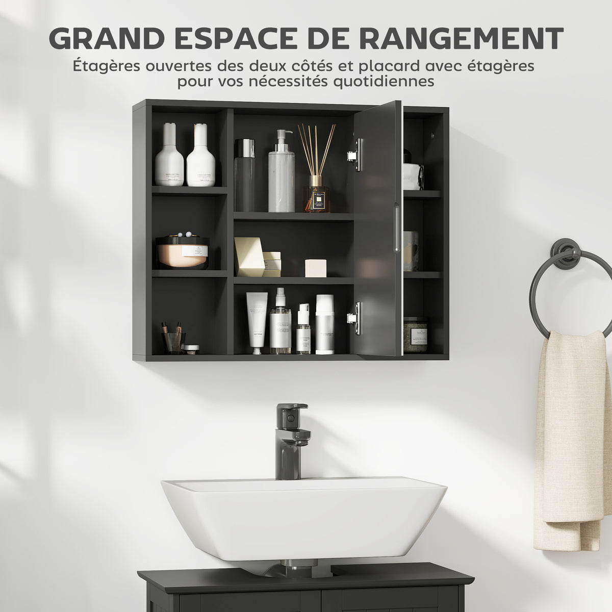 Meuble salle de bain avec miroir, placard à portes et 6 compartiments ouverts, 60 x 14,5 x 49,4 cm, noir