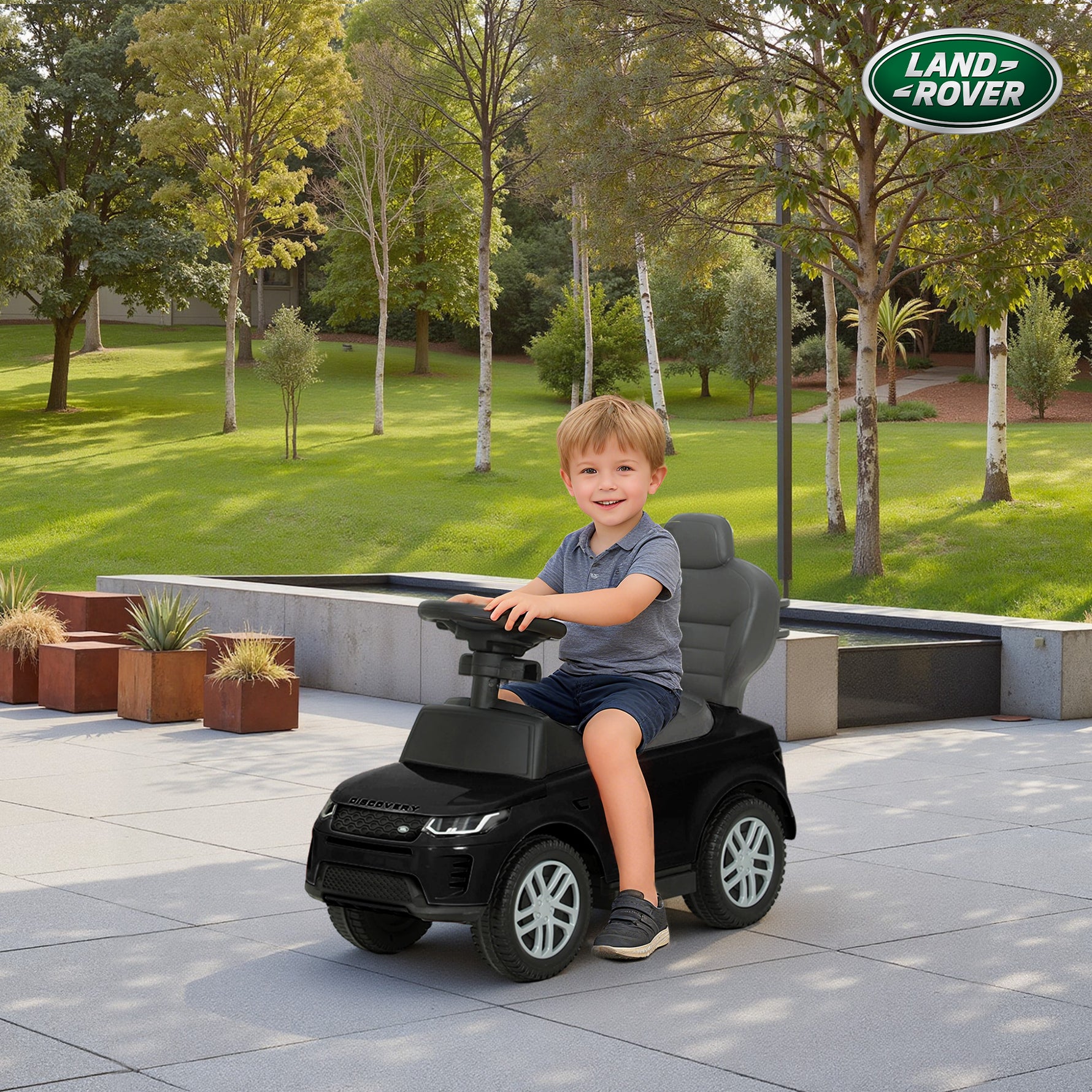 Porteur enfants Land Rover Discovery sous licence, porteur voiture à pousser avec poignée amovible, 84x40x94,5cm, noir