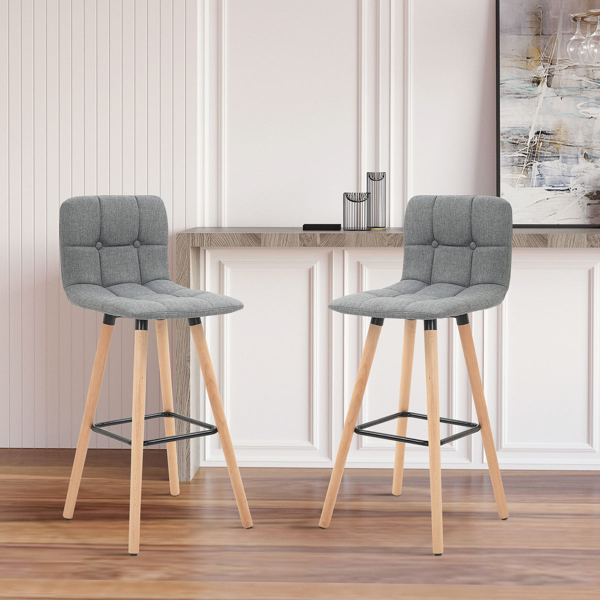 2er-Set Barhocker, gepolsterte Barstühle mit Rückenlehne und Fußstütze, Holzbeine, 41,5x47x97,5 cm, Grau