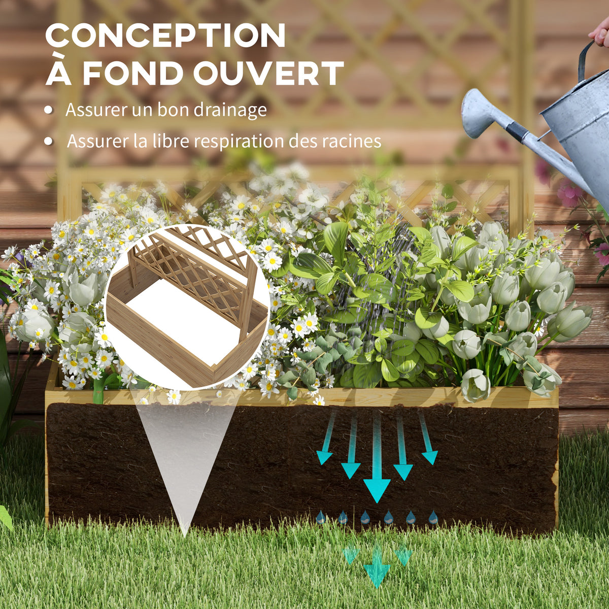 Jardinière avec treillis bac à fleurs pour plantes grimpantes, légumes, fleurs - en effet bois naturel