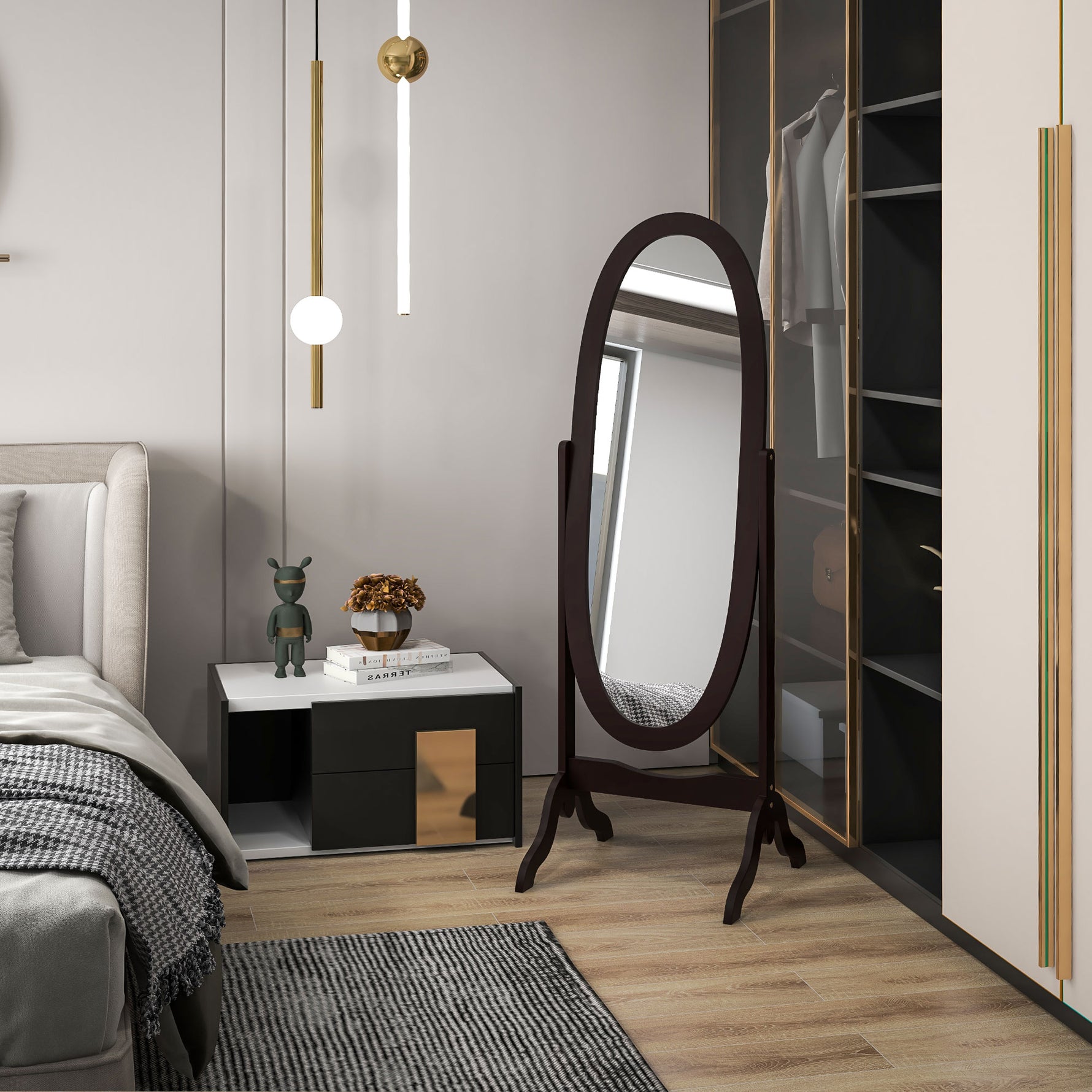 Miroir à pied ovale style shabby chic inclinaison réglable 48 x 46 x 147 cm mdf café