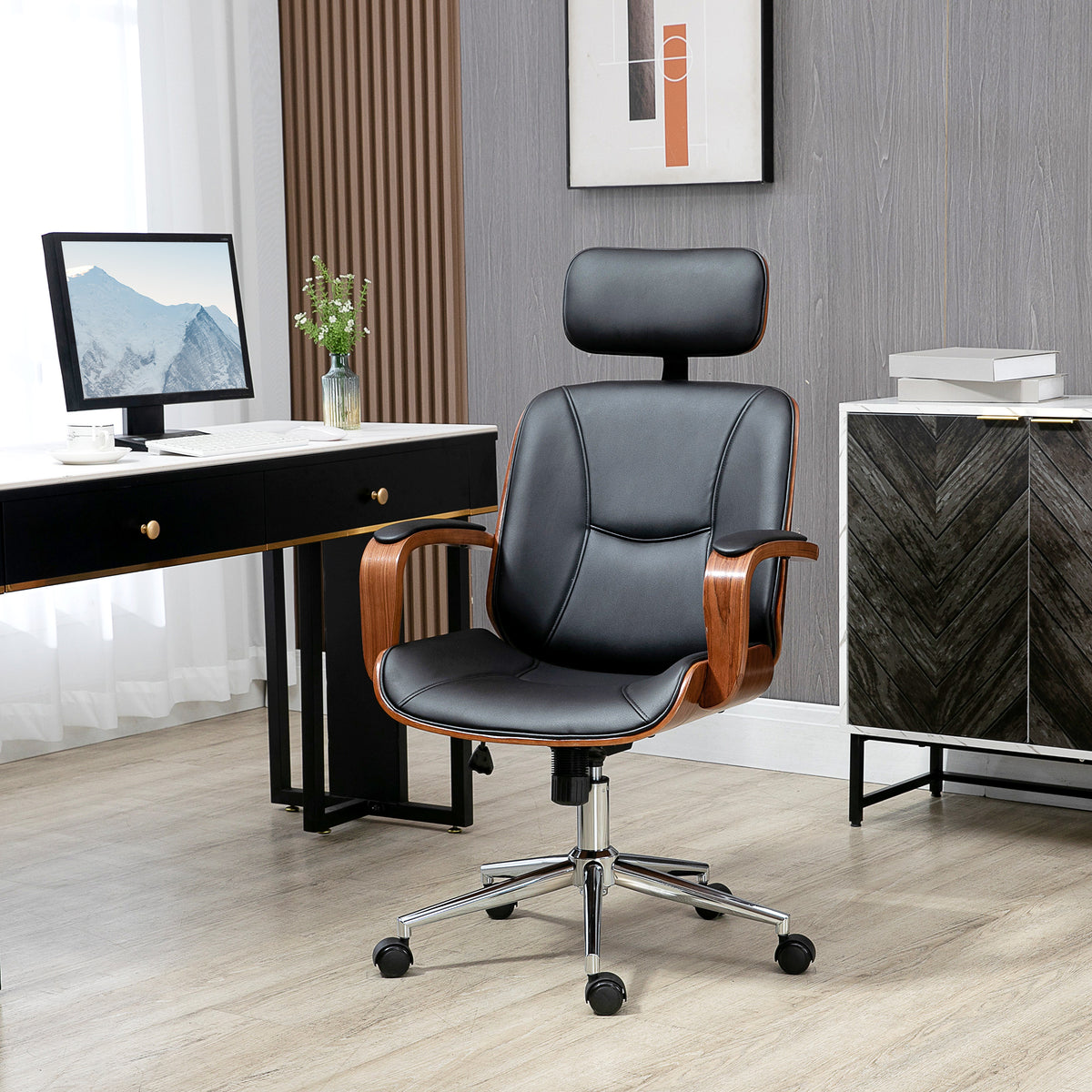 Fauteuil de bureau, chaise de bureau avec appui-tête amovible hauteur réglable et fonction de bascule, 66x65x125cm, noir