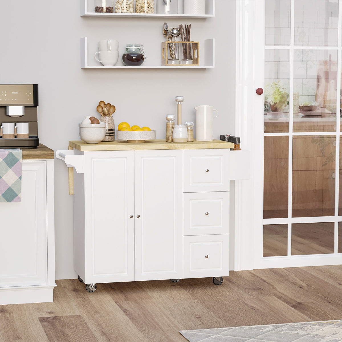 Desserte îlot de cuisineplateau rabattable 3 tiroirs 1 placard porte-torchons et porte-épices 111,5 x 75 x 89 cm blanc