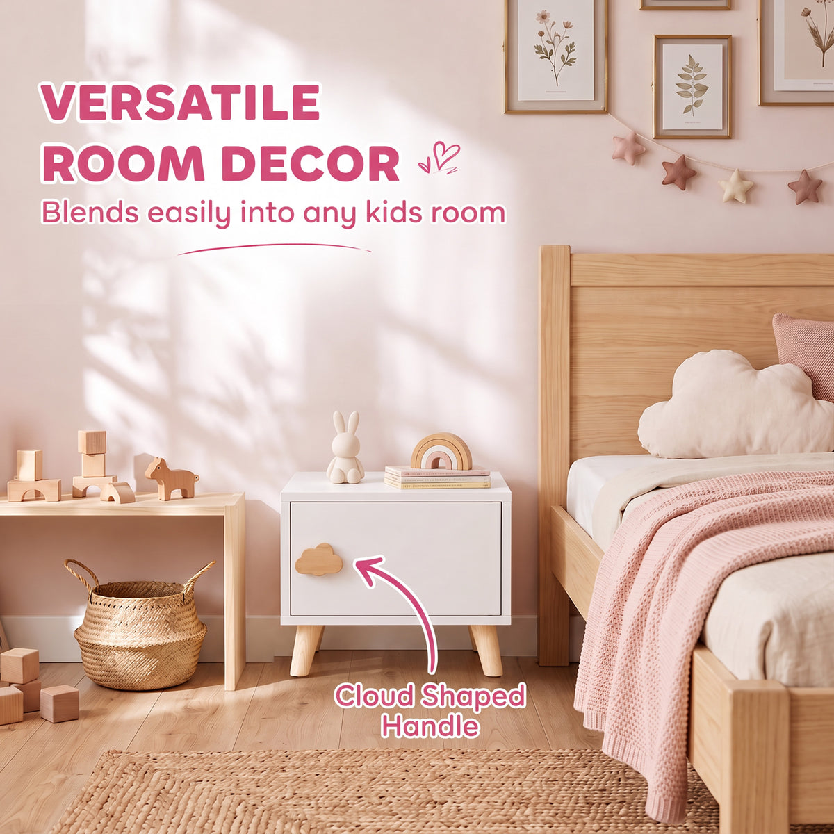 Comodino per Bambini con Cassetto, Maniglia a Forma di Nuvola, per Cameretta, 34 x 31 x 25 cm, Bianco